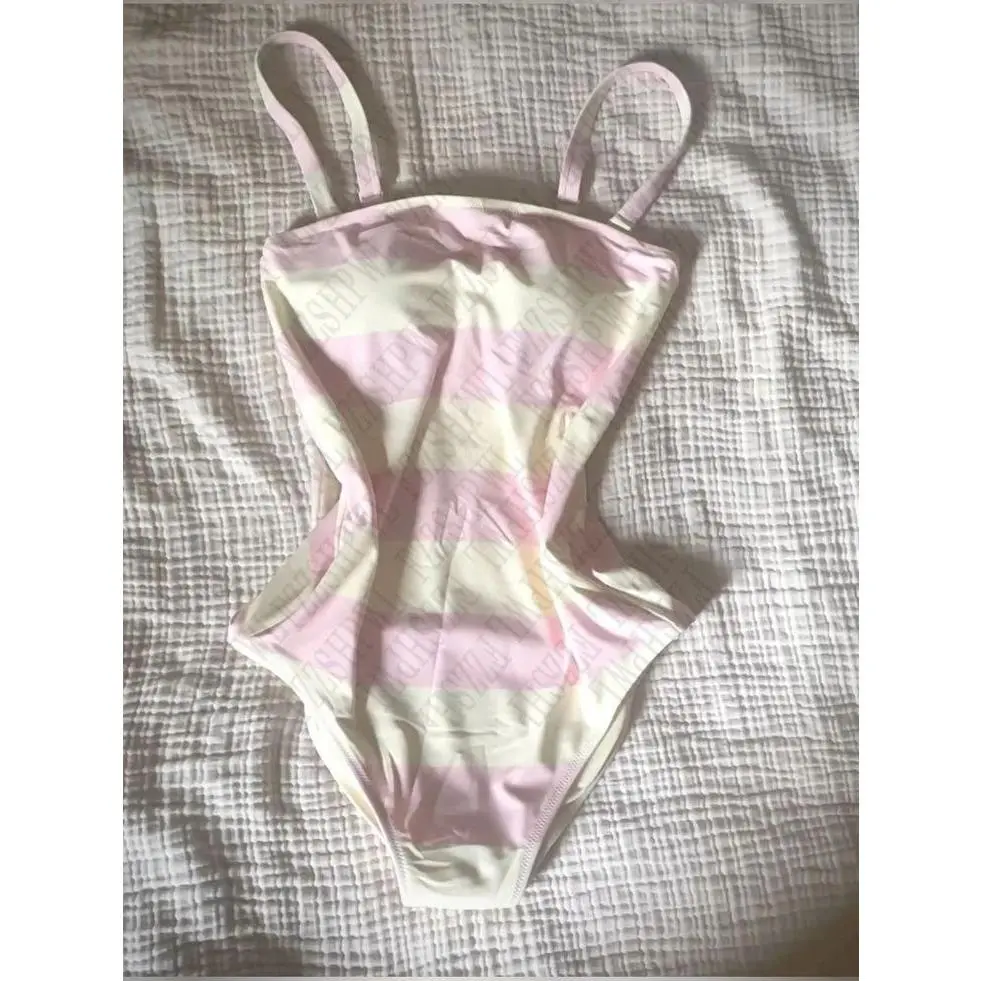 Lovely Women Pink Classic Stripes Bikini Fashion Y2K Korean Playful emo Cute Halter Swimsuit Aesthetic Sweet Sleeveless Swimwear