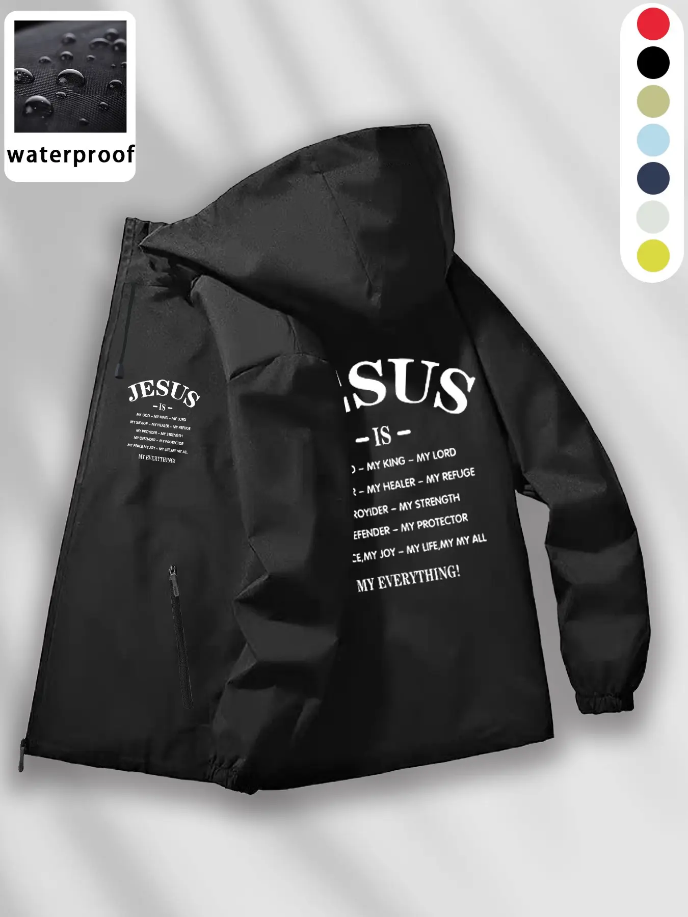 Men's Jesus Is Print Waterproof Windproof Hooded Jacket, Durable Colorfast, Breathable Fabric, Zip Pockets, Street Style, Streetwear Outerwear, Daily Commute, Outdoor Wear