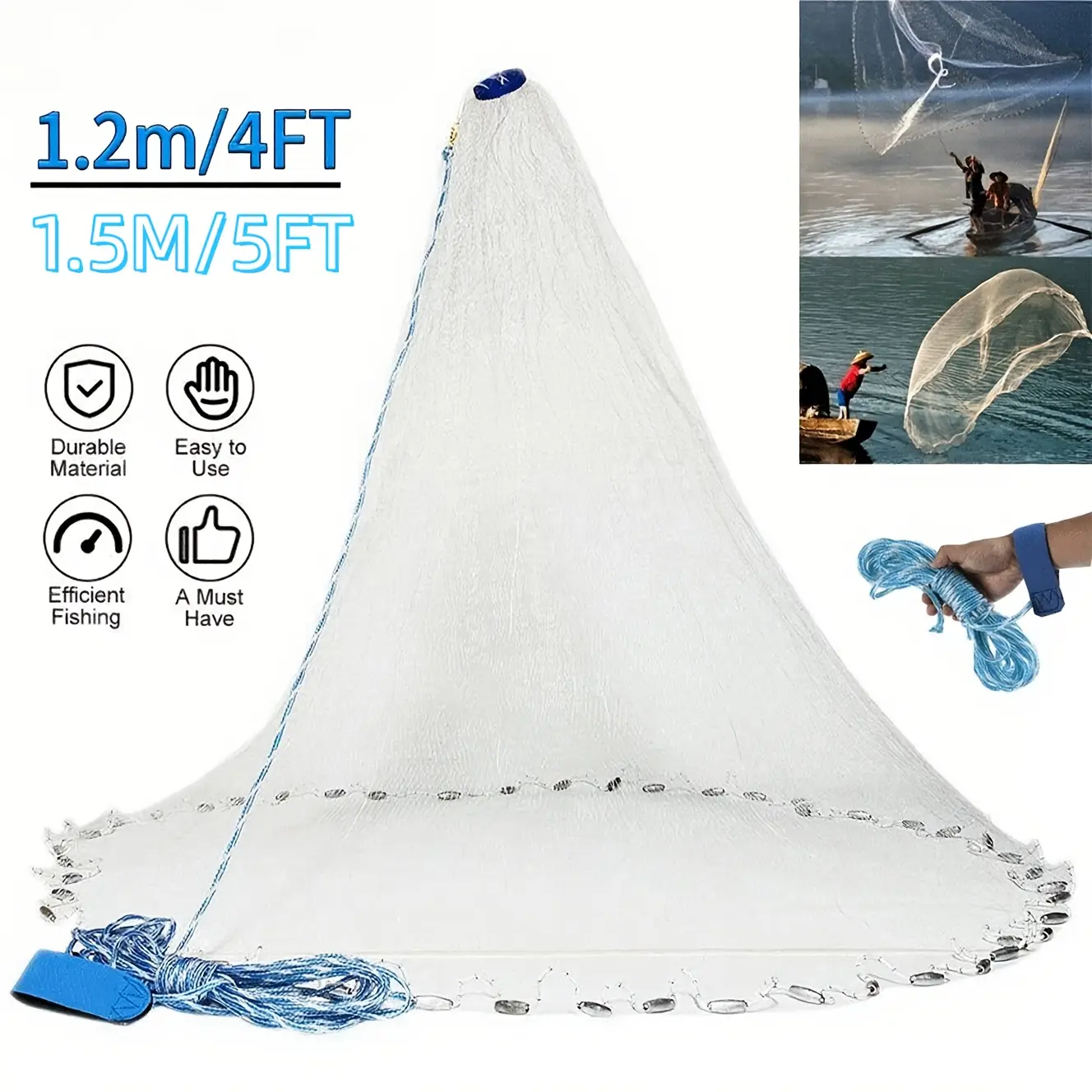 8FT/10FT Fishing Cast Net for Bait, Easy to Throw, Made of Strong Nylon Mesh with 1.3Cm Mesh Size, Designed for American Saltwater Fishing, Ideal for Bait Trapping with Heavy Duty Real Zinc Sinker Weights (240/300 Steel Drop)