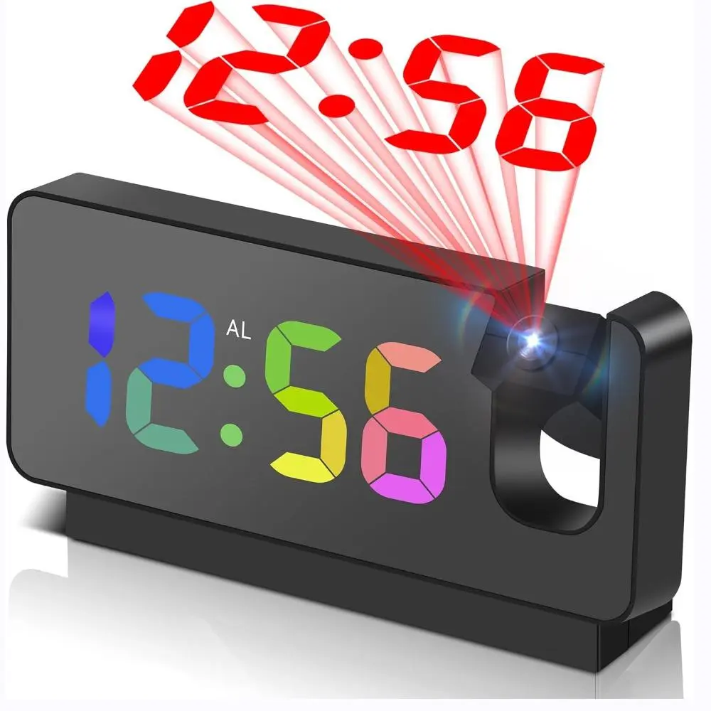 LED Mirror Projection Alarm Clock, Large Digital Display with Time, Date & Indoor Temperature, 3 Alarm Settings, 3‑Level Dimmable Brightness, Multifunctional Desk Clock for Bedroom Living Room, Gift for Family, Desktop Table Clocks