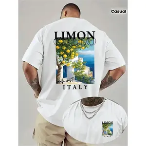 Leisure, Fashion Men's Italian Lemon Lime T-Shirt |   Lemon Tree And Amalfi Coast Prints, Italian Text Design, Casual Short-Sleeved Round-Neck Summer Shirt, Italian-Themed Casual Wear (Limonello Italy Logo Style), Comfortable, Loose