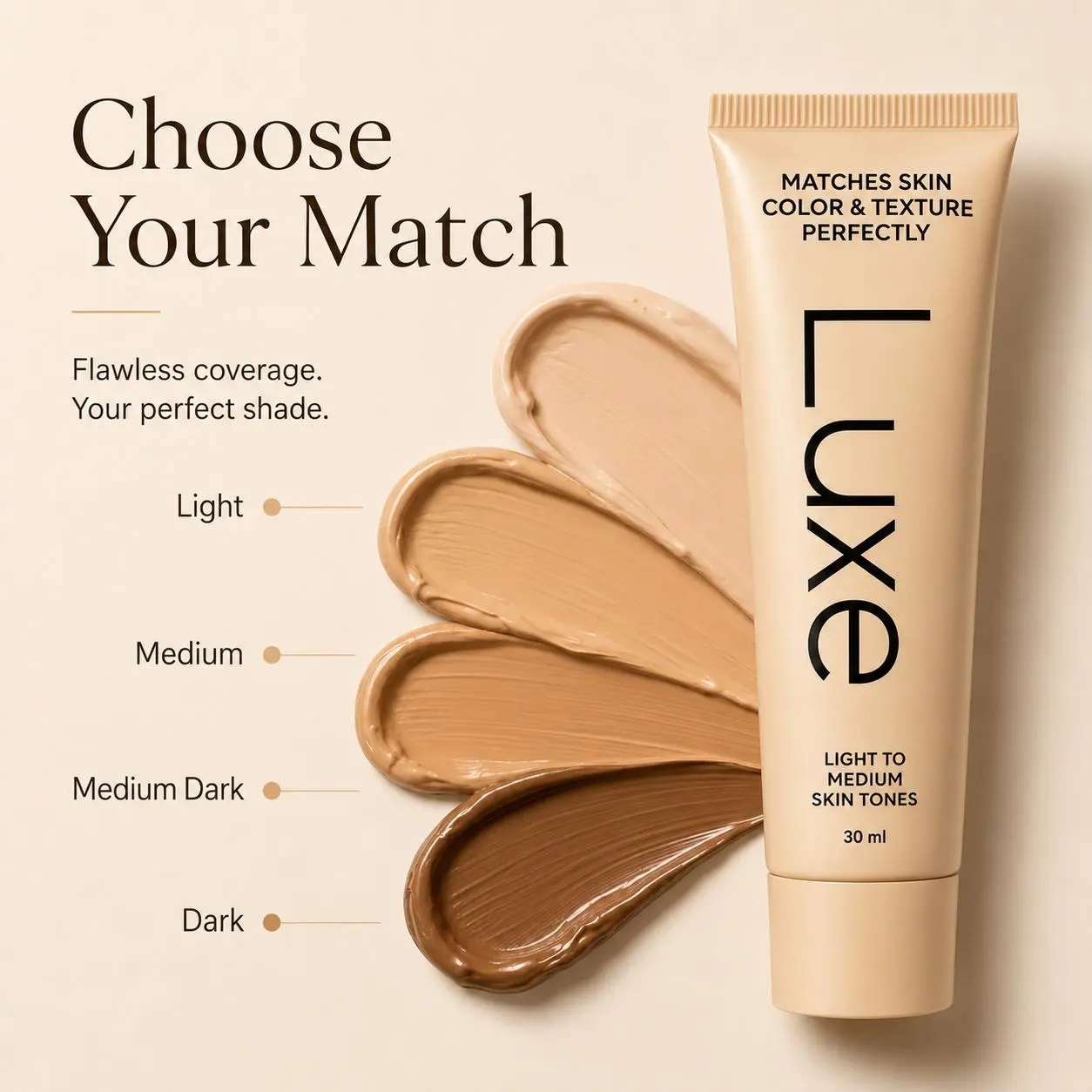 Color Changing Foundation for Women by Luxe, Adaptive Shade Match Face Makeup, Hydrating Lightweight Cream Foundation, Buildable Coverage, Easy Blending, Smooth Natural Dewy Finish, Light to Medium Skin, 30ml