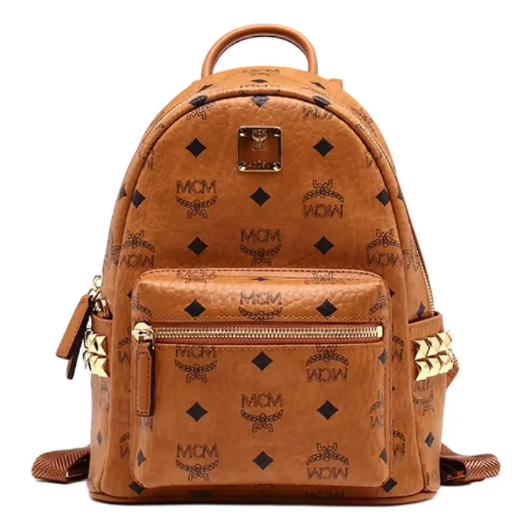MCM Stark Classic Monogram Canvas and Leather Backpack with Double Rivets – Unisex, Casual Style, Cognac Brown