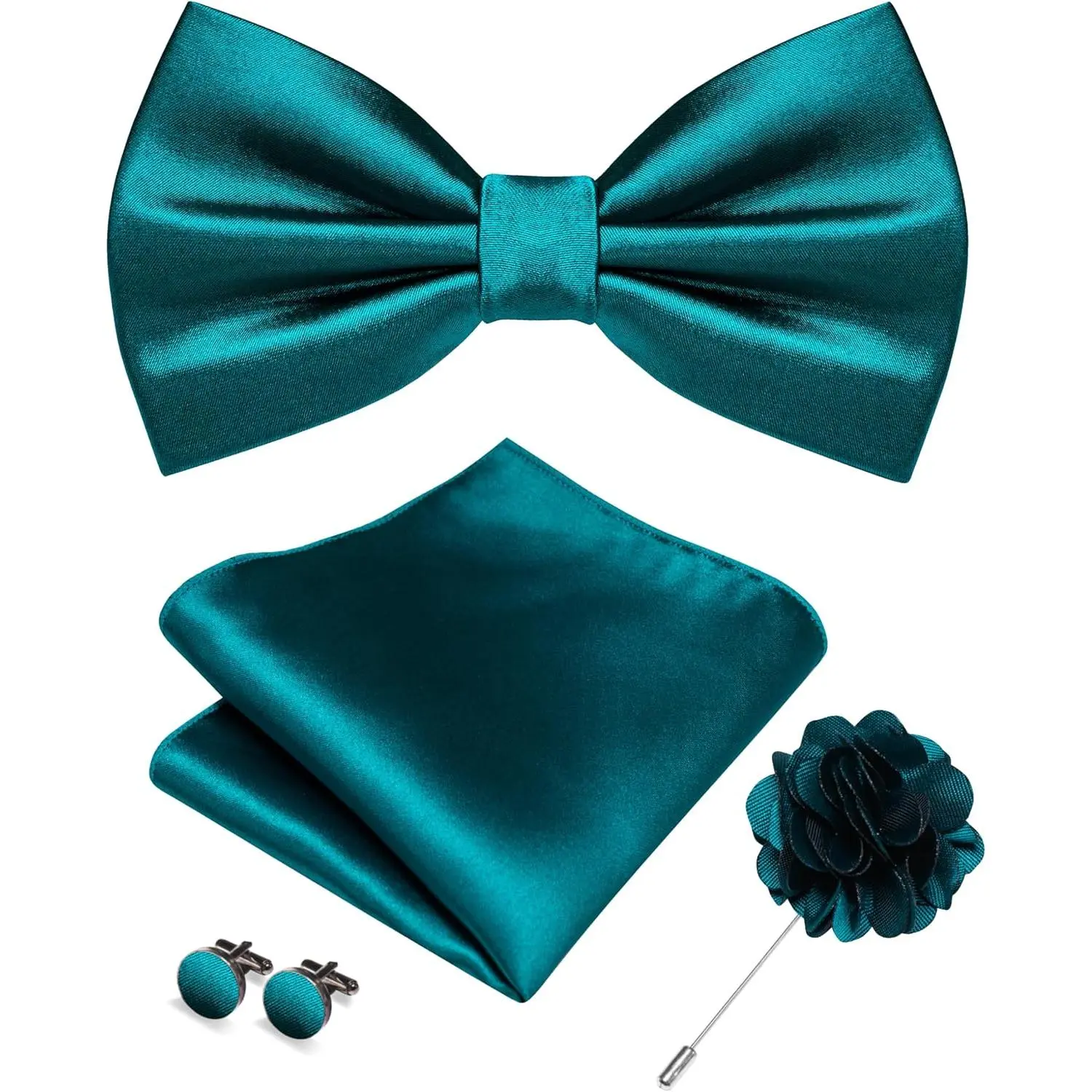 Teal Blue Bow Tie for Men Silk Bowtie and Pocket Square with Lapel Pin Cufflinks Set