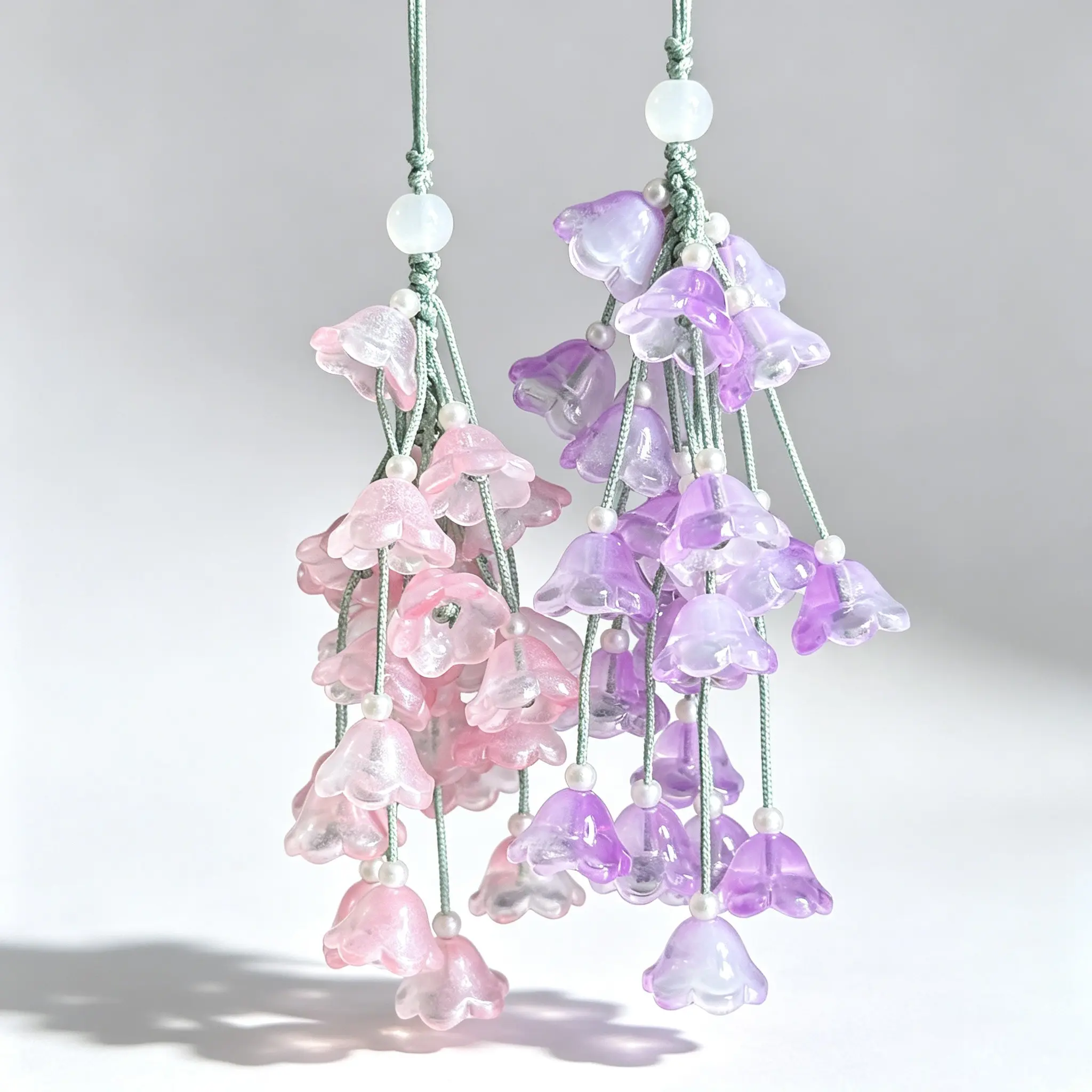 Handmade Macrame Lily of the Valley Phone Charm, Gradient Glass Bellflower Pendant, Floral Beaded Bag Keychain, Cute Hanging Decor