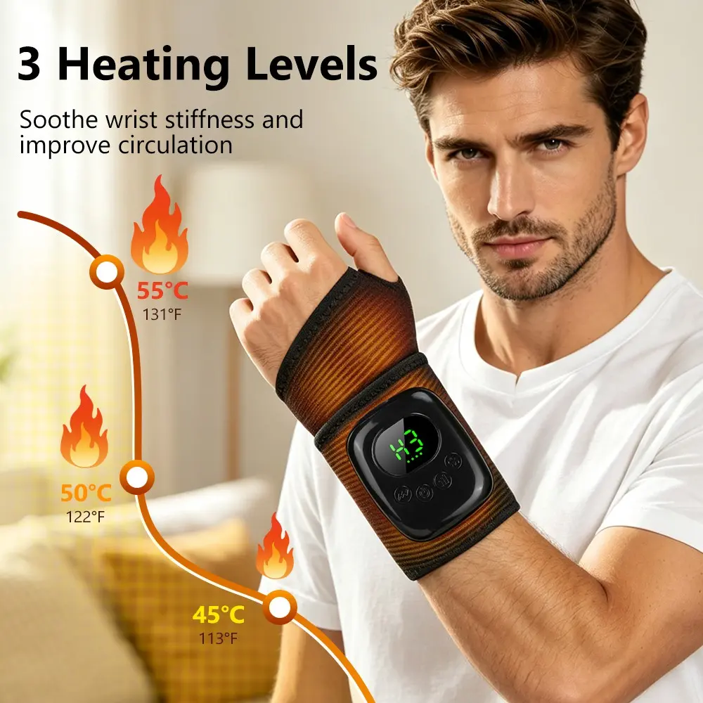 Intelligent airbag massage and hot compress wrist care, USB charging 3-speed temperature controlled massager, 4 air pressure modes+4-speed adjustable strength, mouse hand soothing wrist care device for both left and right hands