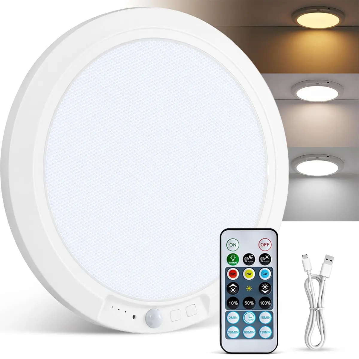 Rechargeable Motion Sensor Ceiling Light, Wireless Magnetic LED Lamp with Remote Control, 3 Color Modes & 10 Dimming Levels, Battery Operated Flush Mount Light for Closet, Garage, Bathroom