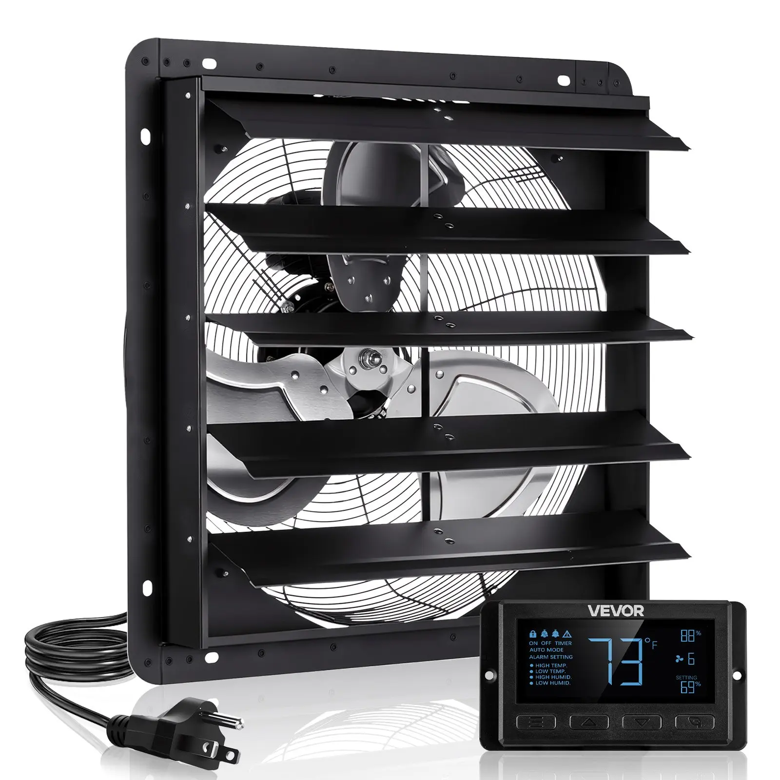 【Summerfinds】VEVOR 20 inch Shutter Exhaust Fan, Wall Mounted Attic Vent Fan with Smart Programming Variable Speed Temperature Control, 4800 CFM, EC Motor, Timer, for Shed, Garage, Greenhouse Ventilation Cooling, Black