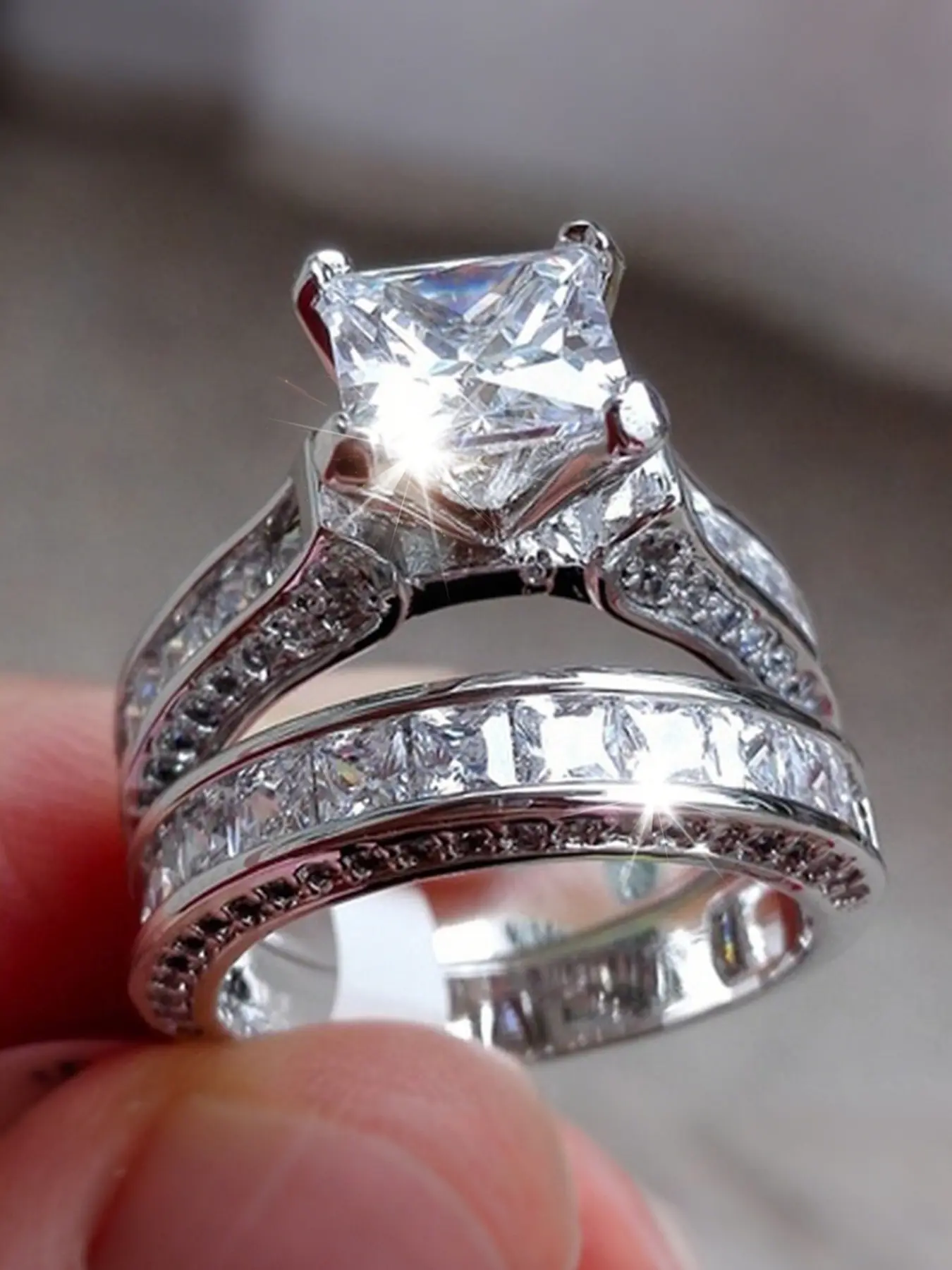 2 Pcs S925 Silver Princess Cut Cubic Zirconia Ring Set, Beautiful Rings, Cz Ring, Women's Jewelry, Engagement, Wedding, Anniversary Gift, Elegant Design