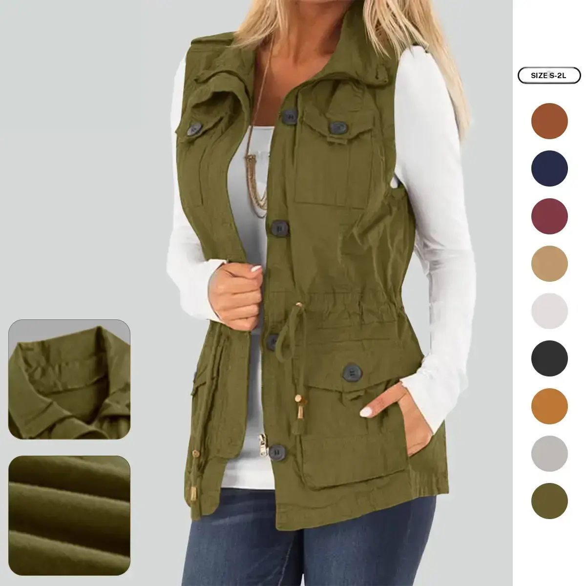 Imily Bela Women's Casual Military Utility Vest Lightweight Sleeveless Drawstring Jackets With Pockets