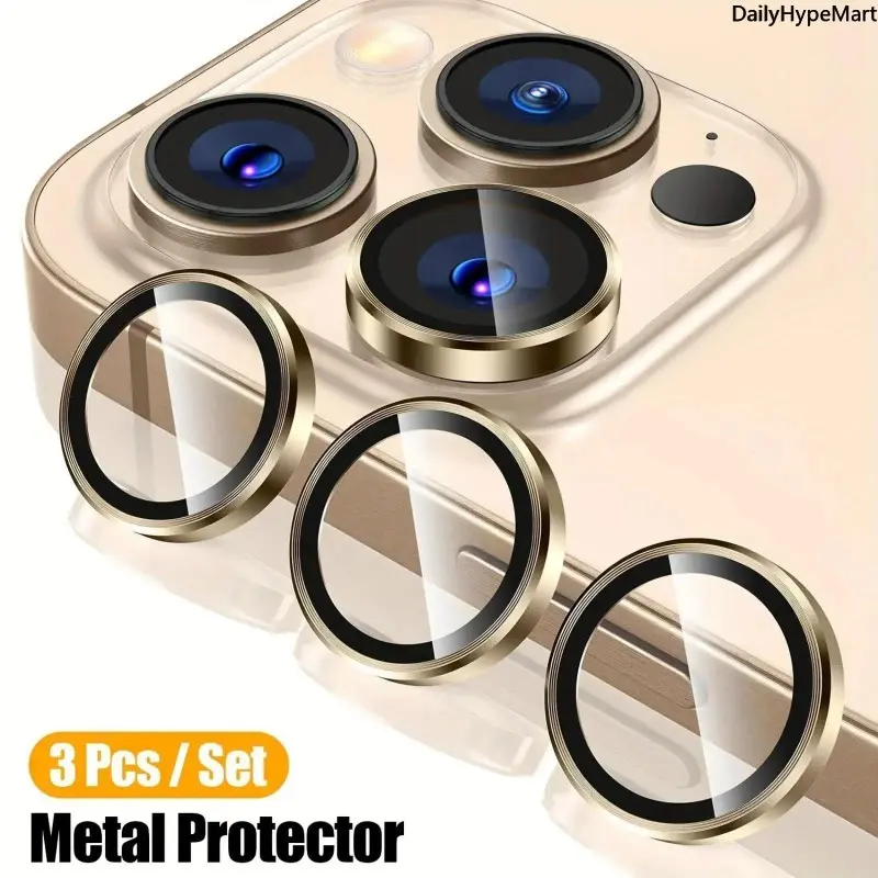 3-Pack Tempered Glass Camera Lens Protector with Metal Ring Cap - 9H Scratch Resistant, Ringcap Durability, Cellphone Protection for iPhone 11-16 Series (Including iPhone 13) with Installation Kit
