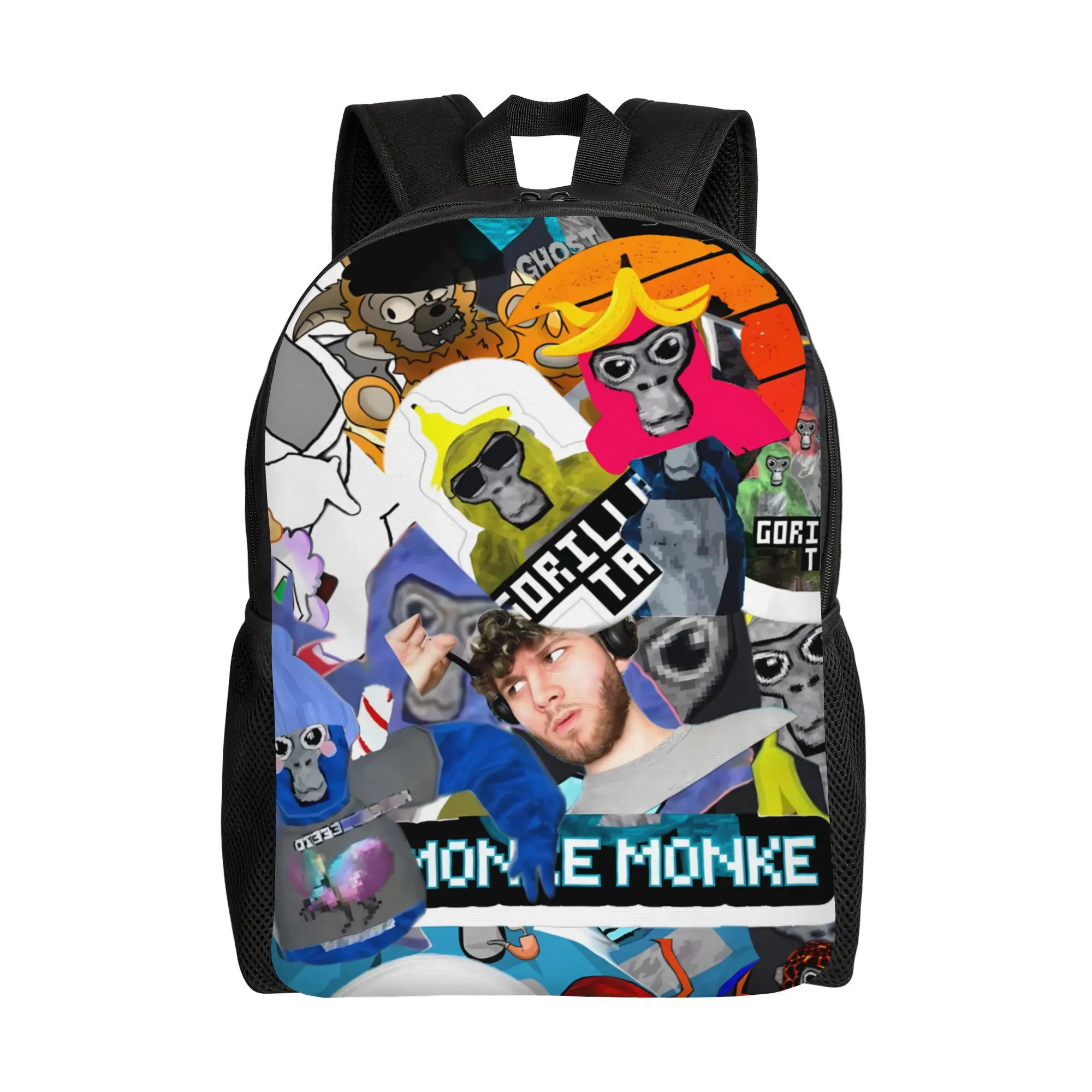 Gorilla Tag Cartoon Character Backpack with Piping, Knot, Collage Print Sticker Bomb Graphic, 600D Oxford Cloth, 15-in Laptop Fit, Padded Straps, Side Mesh Pockets, Lightweight Washable Campus Daypack for VR Gamers