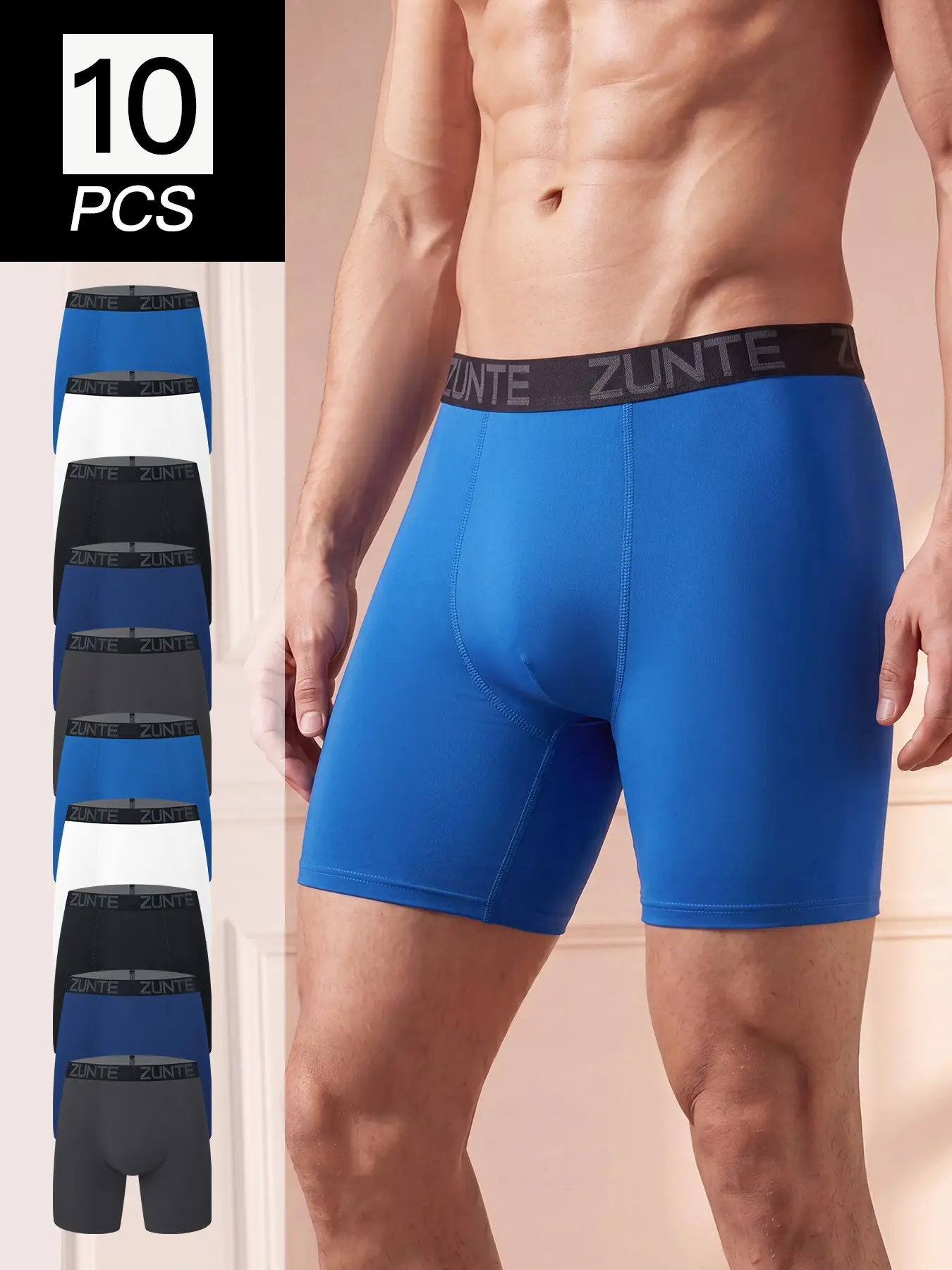 10 Pcs/Pack Men’s Long Leg Boxer Briefs, Soft Stretch Breathable Underwear, Quick Dry Moisture Wicking Anti Chafe Trunks, No Ride Up Athletic Boxer Shorts for Workout Travel Everyday Wear