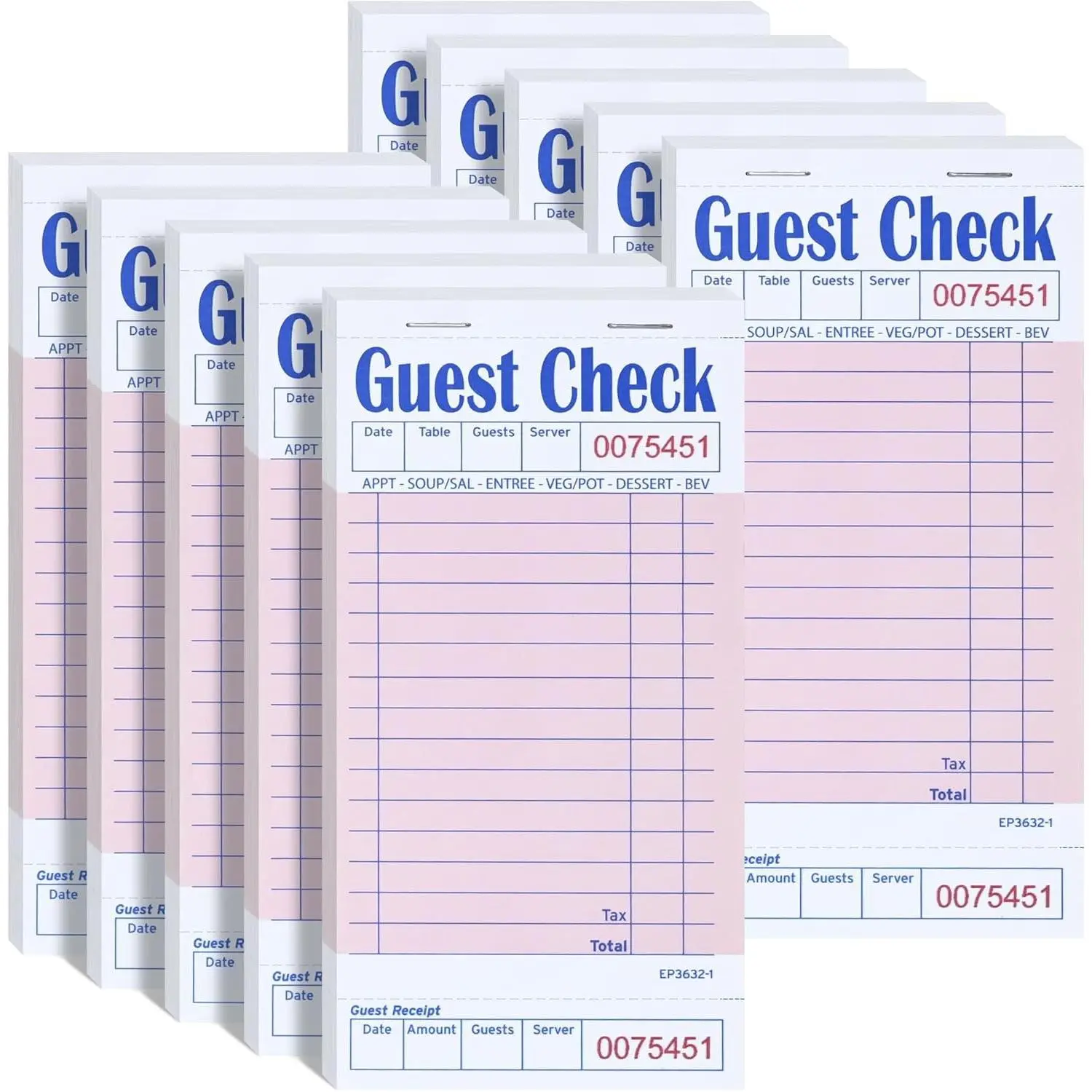 DGBDPACK Guest Check Pads for Servers - Thick Paper (10 Pads), 500 Orders Total, Waitress Notepad for Restaurants (Pink, 6.75"x3.5"), 50 Sheets/Pack
