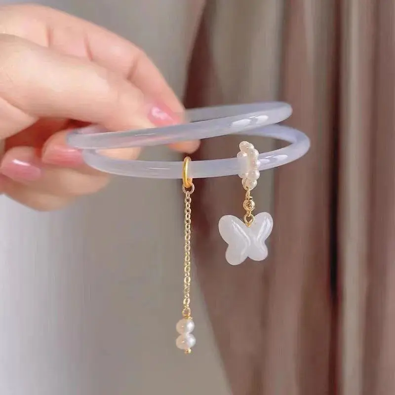 2Pcs/Set Natural Jade Jingle Butterfly litchi jelly Bangles Retro simple girl Antique Glass Bracelet  Women's Jewelry Gifts
