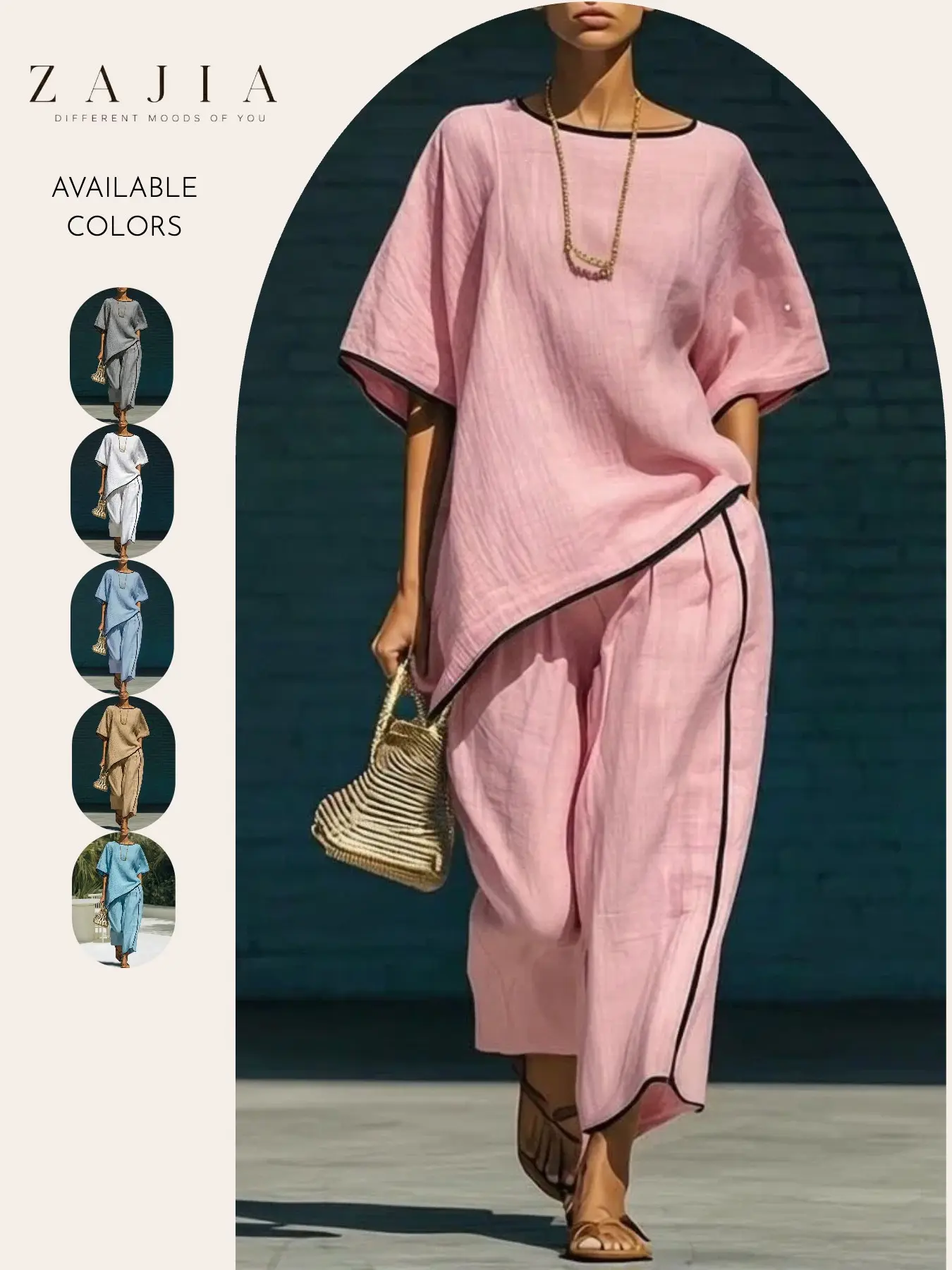 Women's Cotton Linen Lightweight Breathable 2 Piece Set, Casual Loose Fit Asymmetrical Tunic Top, Wide Leg Cropped Pants, Summer Vacation Beach Wear