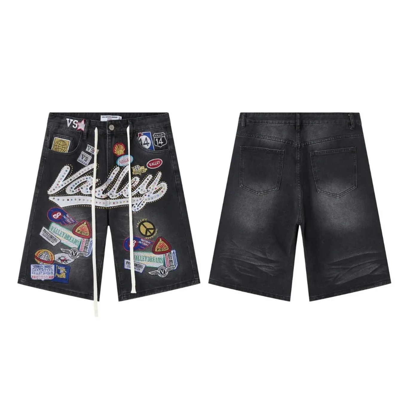 Vale Forever Mens Patchwork Studded Denim Cargo Shorts Vintage Washed Black Loose Fit Oversized Y2K Hip Hop Streetwear Baggy Jorts Bermuda Summer Bottom
