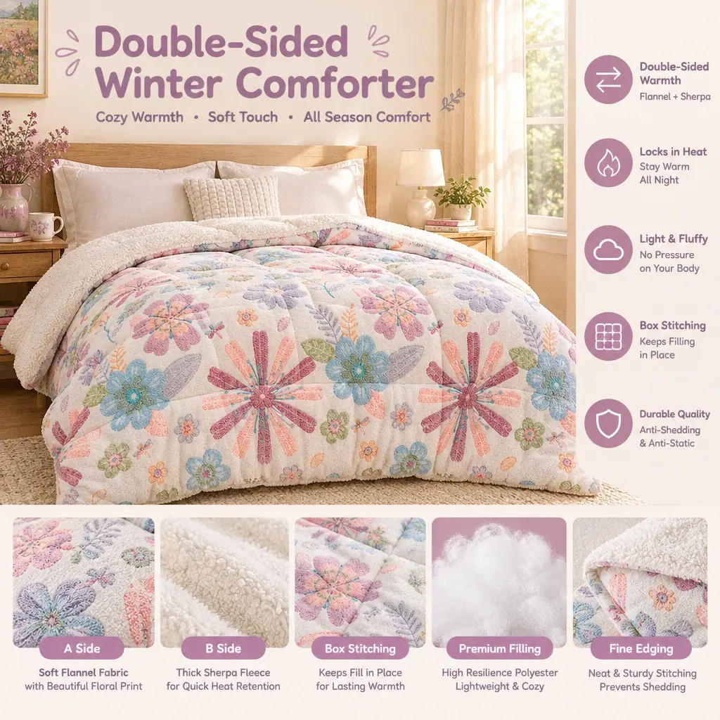 CloudTouch Home Vintage Pastel Floral Reversible Comforter 380GSM, Soft Printed Front & Plush Sherpa Reverse, Box Quilted Fill for Winter Bedroom