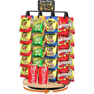 Chip Rack Display Stand, 2 - Side 5 Tiers 40 Clips Snack Organizer, 360 ° Rotating Wooden Base Chip Holder Candy Display Concession Stand, Chip Bag Holde for Party, Countertop, with Message Board