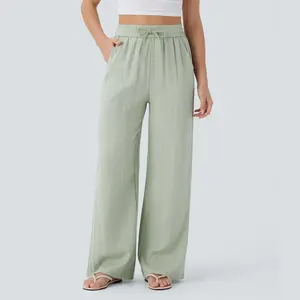 Halara High Waisted Drawstring Pocket Wide Leg Baggy Casual Linen-Feel Pants