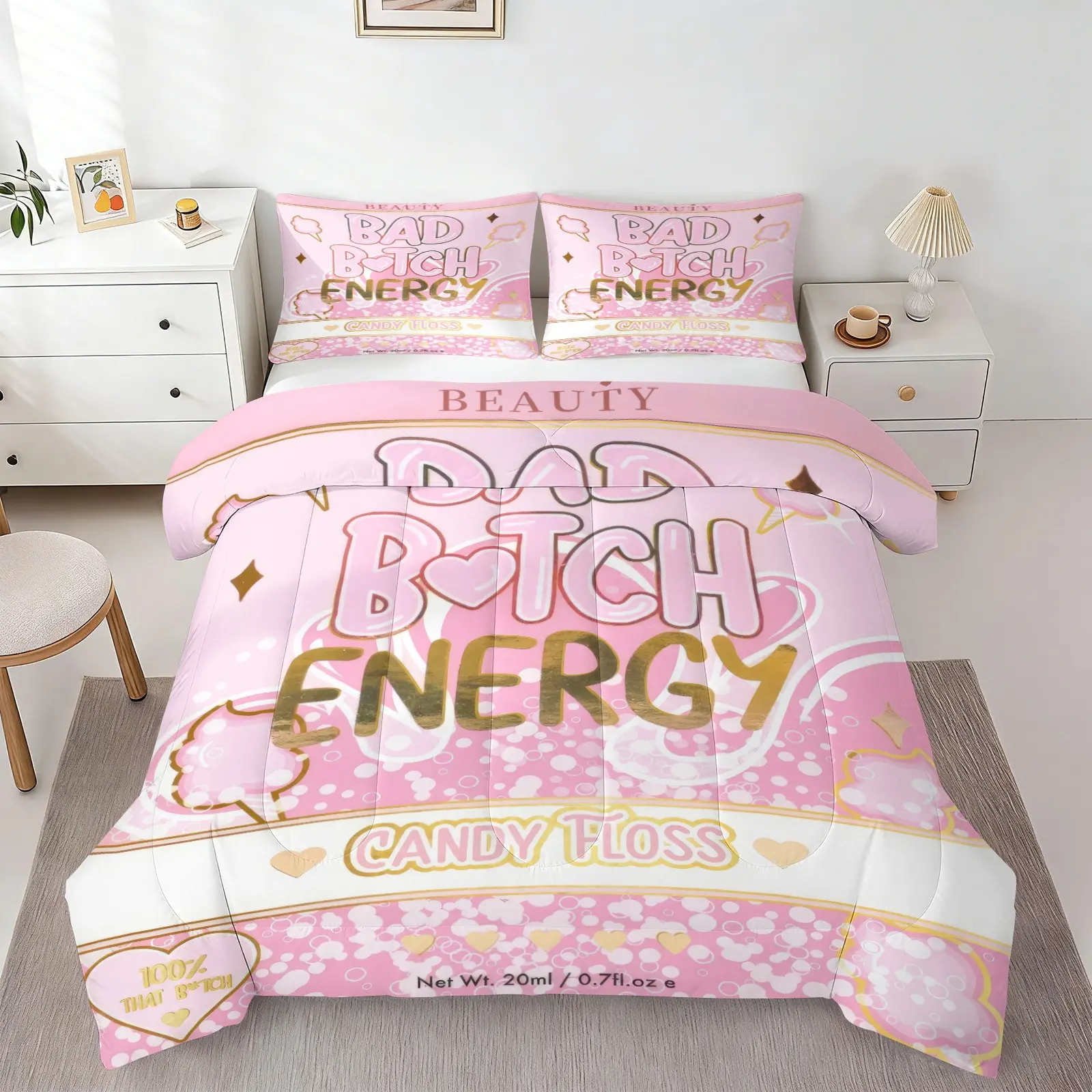 Pastel Pink Sweet Cotton Candy Slogan Comforter Bedding Set, 1 Comforter + 1/2 Pillowcases, Durable Material Soft Comfy bed set, Skin-Friendly Washable Fabric, All Season Y2K Room Decor for Young Girls
