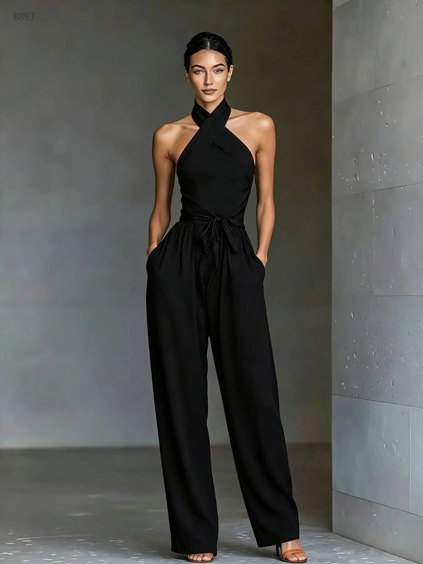 T8893 Summer Must-Have Comfy Cross Halter Neck Jumpsuit, Active Fit Belted Waist Wide Leg with Pockets, Viral Outfit for Resort Dating & Travel.