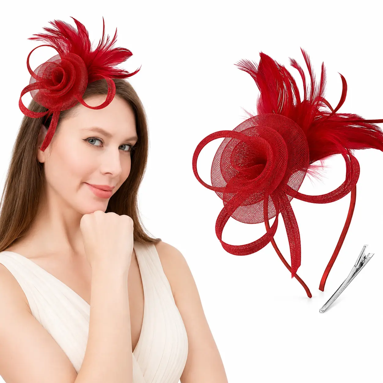 Women's Vintage Feather Fascinator Hat with Mesh & Flower Accent, Detachable 2-in-1 Headband or Clip for Wedding & Kentucky Derby, Vintage Chic, Feather Accent, Detach Easily