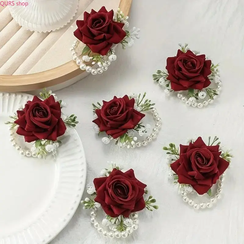 6Pcs Rose Baby's Breath Wrist Corsage Set, Elegant Chain Wrist Flowers For Bride Bridesmaid Mom Mother-in-Law, Premium Floral Wrist Decor For Wedding, Anniversary And Formal Dinner Party Events