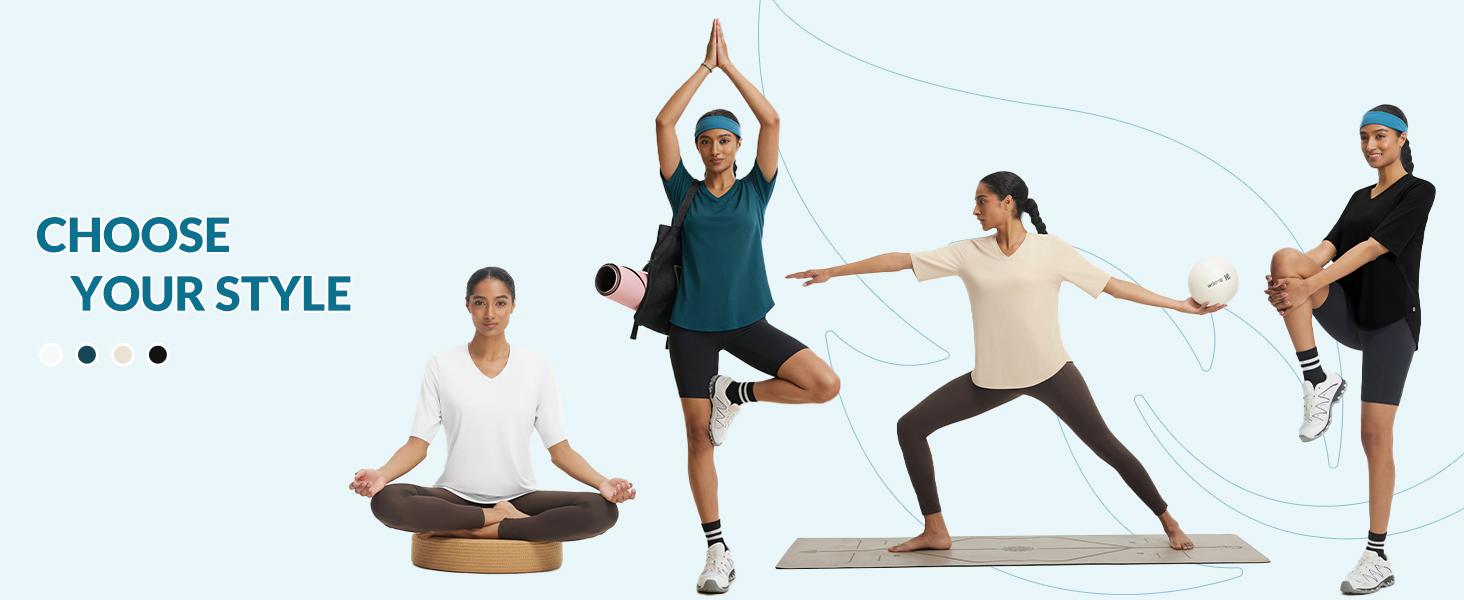 Baleaf Women's V Neck Half Sleeve Workout Top UPF 50+ Sun Protection Athletic Shirt Loose Fit with Curved Hem for Yoga and Running