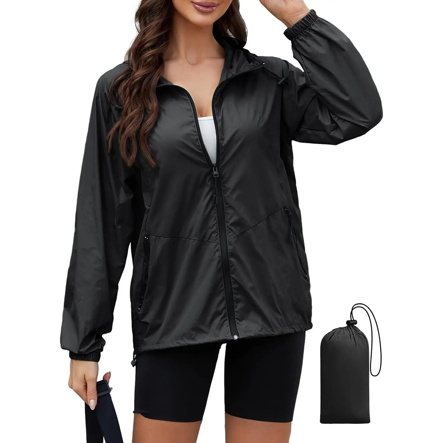 Women's Lightweight Packable Rain Jacket with Hood - Ultra Thin Waterproof Shell, Folds into Pouch, XS-3XL, for Hiking Travel Outdoor