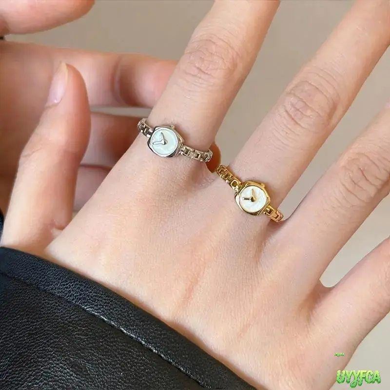 Mini Square Watch Dial Open Adjustable Ring, Dainty Chain Link Band Minimalist Wrist Clock Jewelry,Unisex Stackable Finger Ring, Sleek Tiny Timepiece Accessory For Daily Casual Office Everyday Layering Outfit