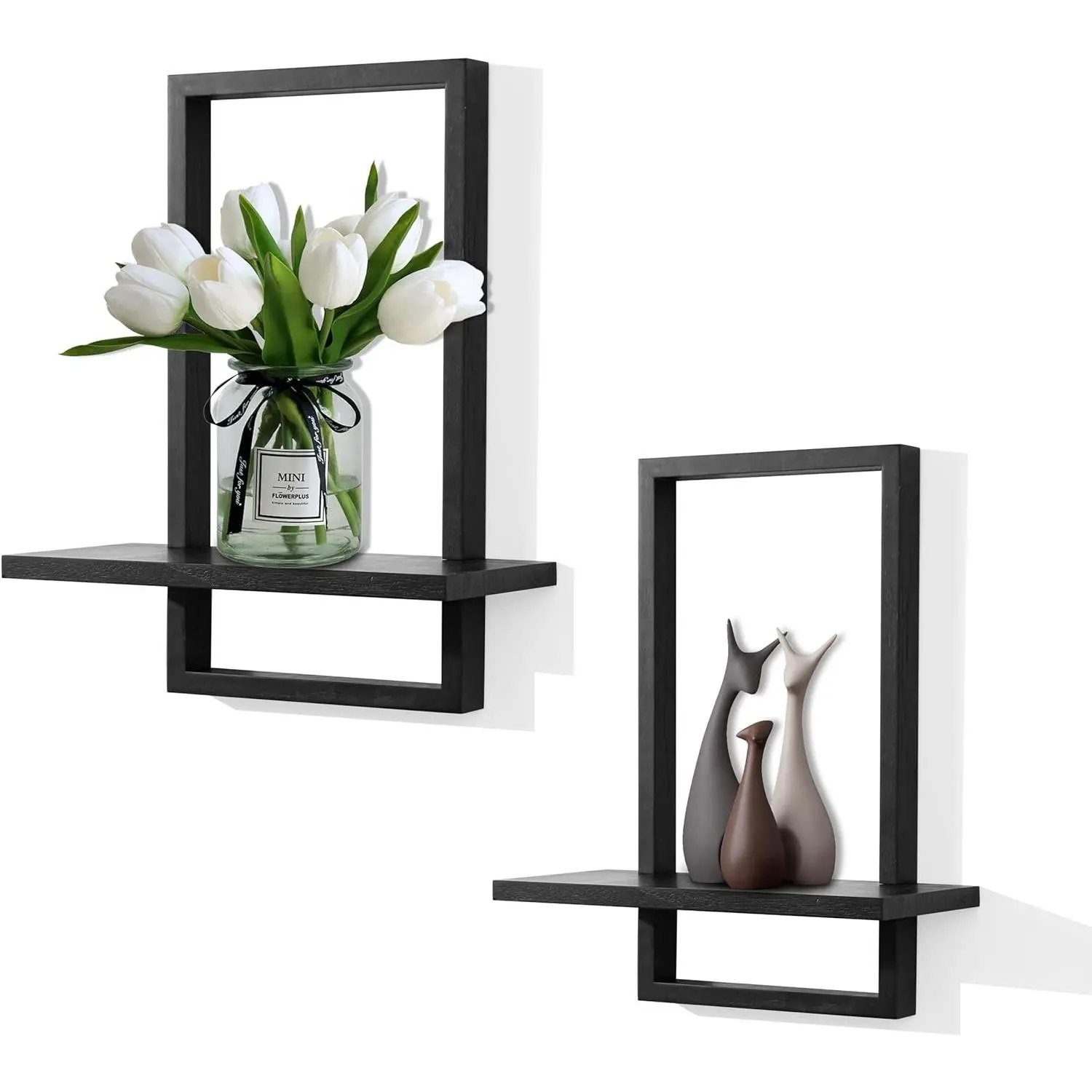 Square Floating Shelves,Wall Plants Holder,Bathroom Wall Decor,Framed Decorative Shelf Black,Modern Chic Set of 2 for Living Room Bedroom Home Office,Soild Wood,L+S