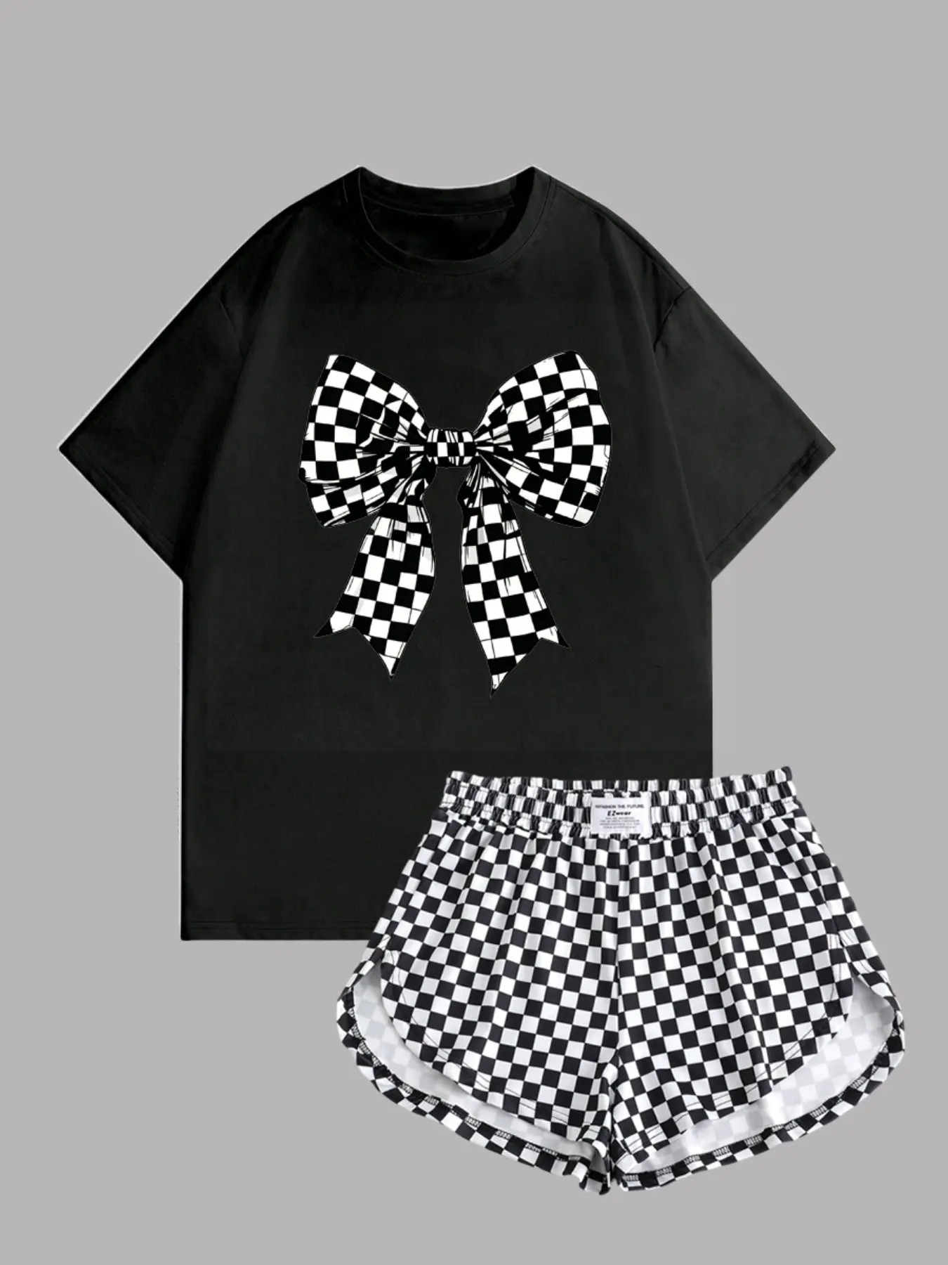 2 pieces, retro black and white checkerboard butterfly pattern printed solid color round neck T-shirt top+same grid waist logo side slit shorts, women's Y2K summer daily casual home versatile wear clothes