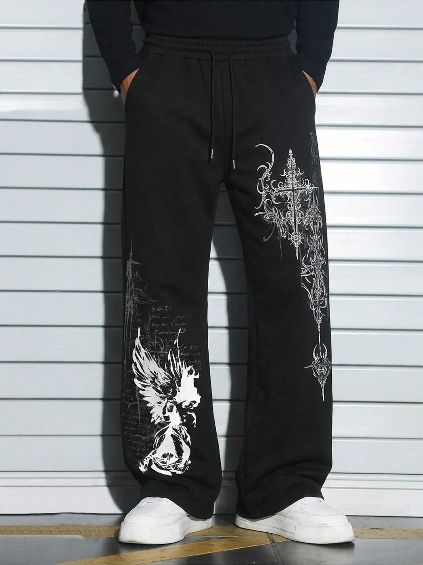Men's Streetwear American Angel Virgin Cross Pattern Casual Loose Comfy Long Pants, Daily Wear Loose Fit Unisex Sweatpants, Trendy Fashion Bottoms