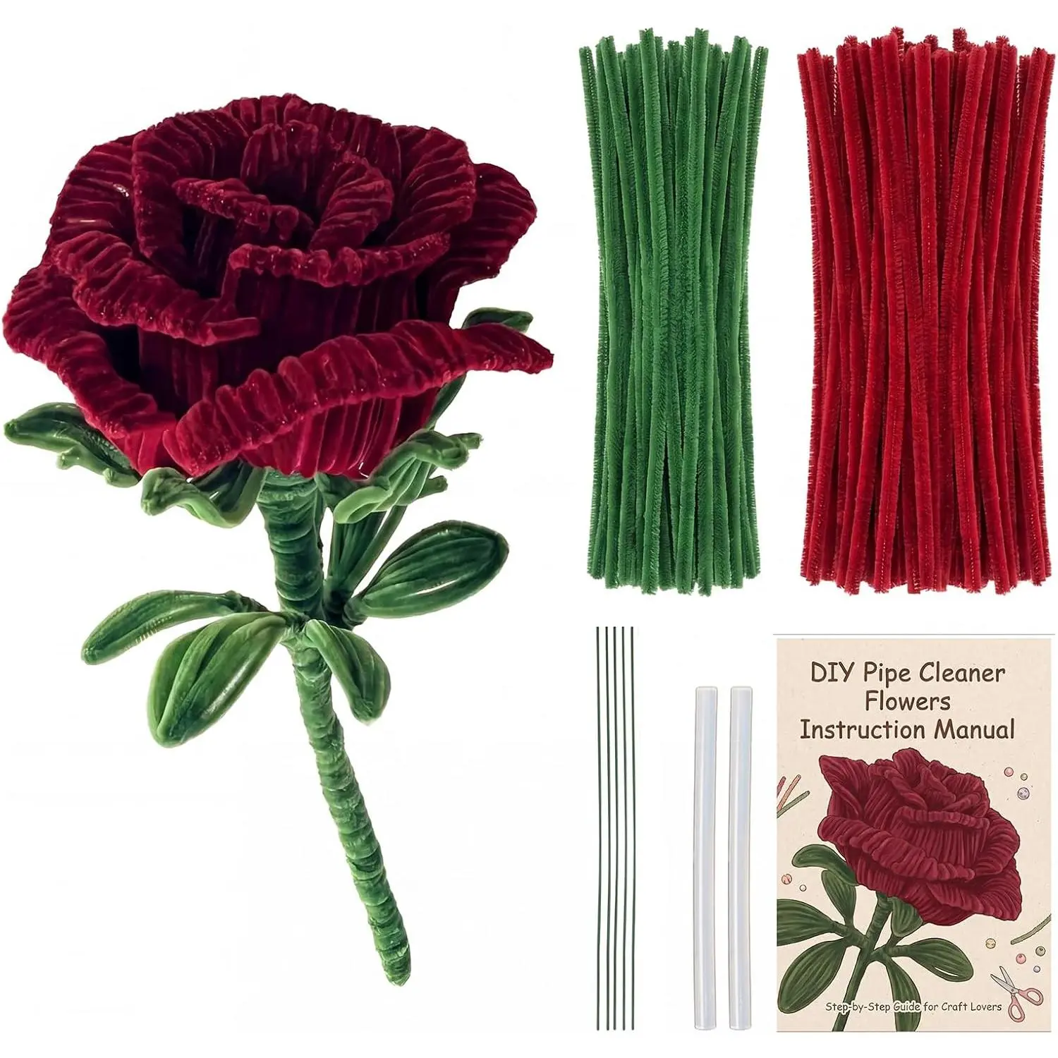 Pipe Cleaners Flower Kit - Red Pipe Cleaners for Flower Making, DIY Craft Supplies for 22-Inch Pipe Cleaner , Includes 300 count Pipe Cleaners, Floral Wires, Glue Sticks & Instruction Manual