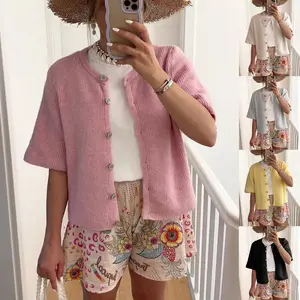 Women Lightweight Short Sleeve Knit Sweater, Solid Half Placket Button V Neck Casual Cardigan Spring Summer Layering Outerwear