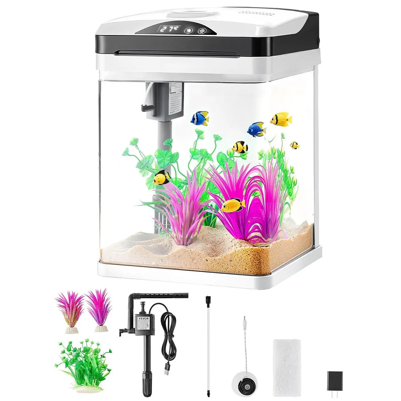 VEVOR 2 Gal Compact Square LED Aquarium - Ultra-Clear Glass Tank with Temperature Monitoring, Adjustable 7-Color LED Lighting, Self-Cleaning System for Freshwater & Saltwater Fish (Home, Office Use)