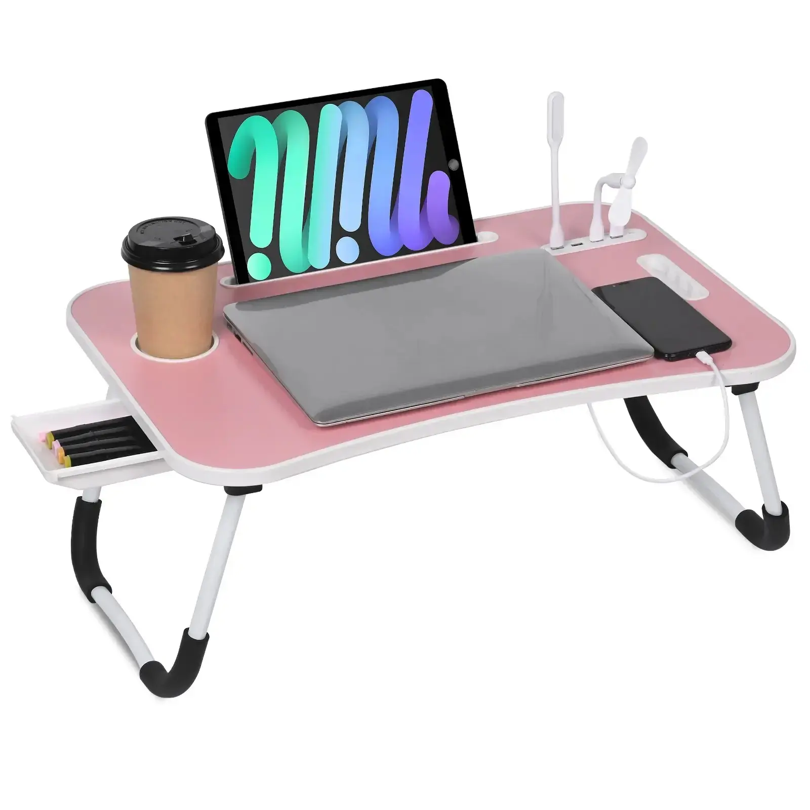 VQN Folding Portable Bedside Laptop Desk - Lightweight Compact Bed Accessory with Storage Drawer, Cup Holder for Bedroom Bed/Couch Working, Small Room Organization & Bedroom Storage Convenience