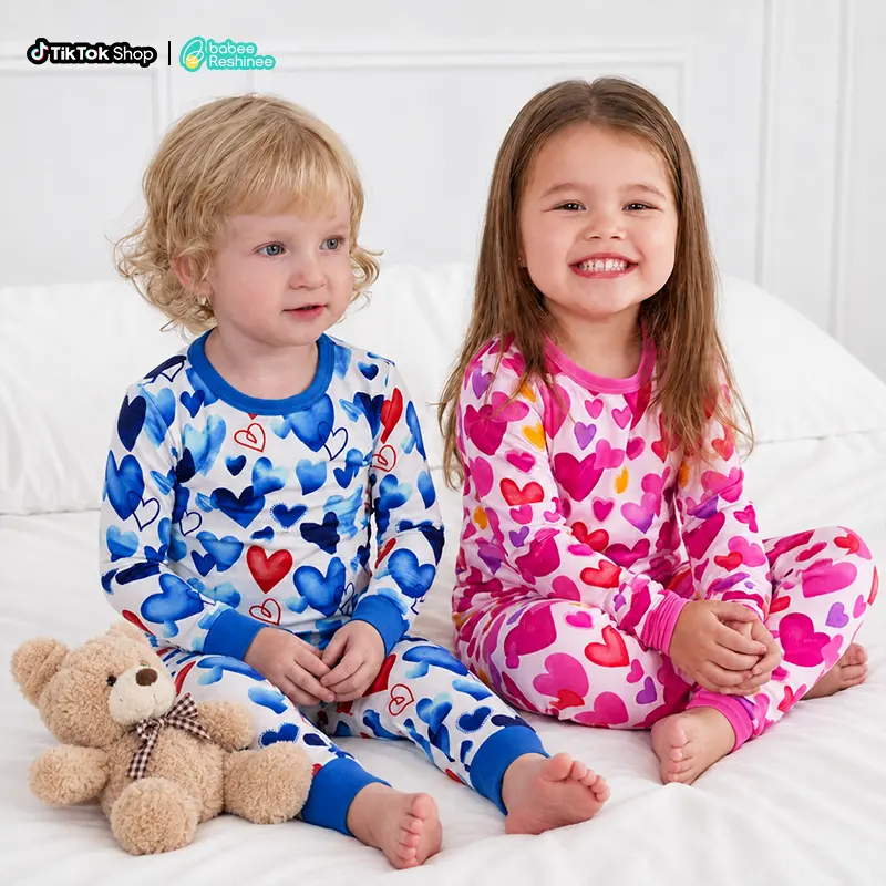 babee Reshinee Valentine's Day Viscose Pajama Sets for Baby Boys & Girls, 2-Piece Long Arm Sleeve Bamboo Sleepwear, Soft Breathable Moisture-Wicking Stretchy Snug Fit Heart Print, Holiday Gift, 12M-8Y, Cute Pajamas