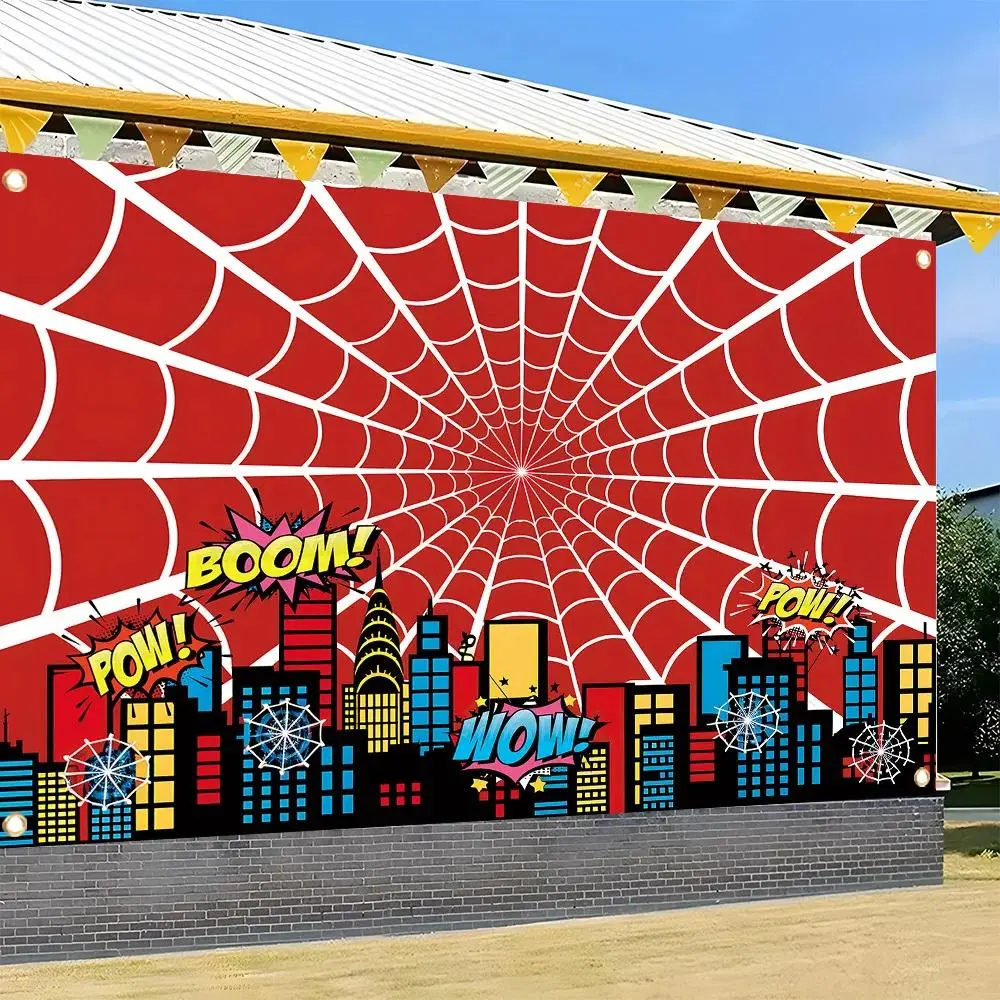 1 vibrant hero birthday party banner - Spider Web and comic City skyline, polyester background, birthday decoration