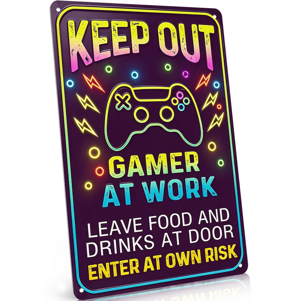 Keep Out Gamer At Work Neon Style Warning Sign, 8"x12", Rust-Proof Aluminum Metal Sign, Flat, Game Room Decor, Funny Gaming Wall Art, Neon Vibe, For Bedroom & Gamer Cave Display, Gamers & Streamers, Perfect Birthday Gift
