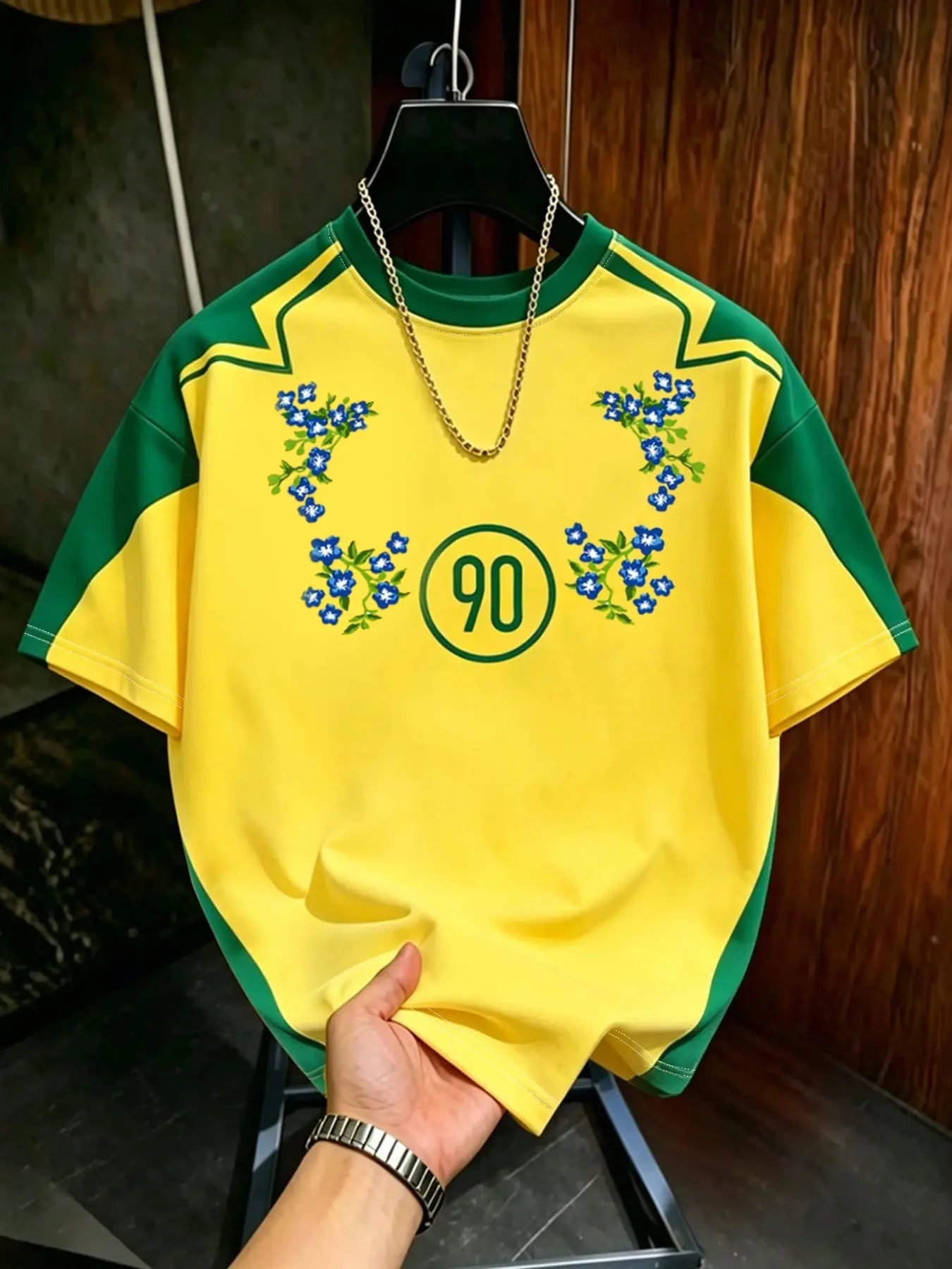Block Brazil Soccer Jersey, Chest 90 Number, Blue Floral Embroidery, Drop Shoulder, Breathable Fabric, Fan Wear, Sport Jersey, Soccer Shirts