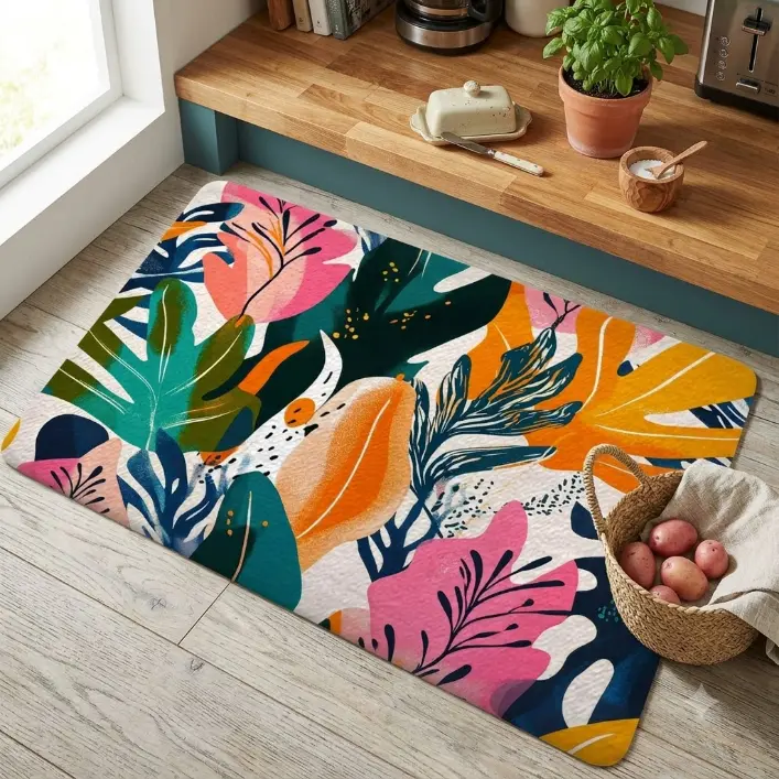 Boho Colorful Tropical Flora Flannel Soft Non-Slip Floor Mat, Plant Motifs Abstract Art Rug for Living Room Doormat, 16x24 in