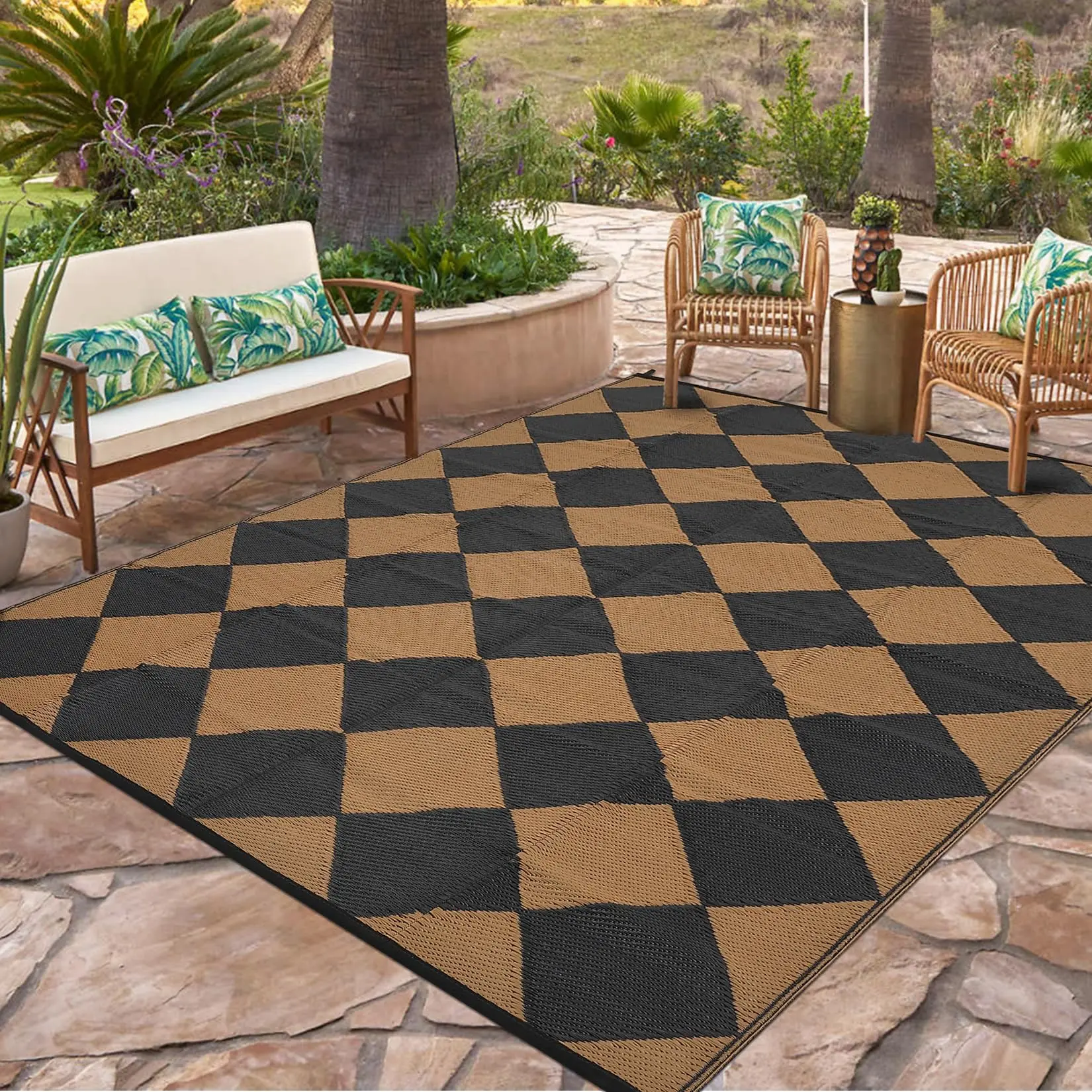 Garvee 9x18 Outdoor Rug for Patio - Reversible, Waterproof Plastic Straw Mat, Foldable and Lightweight for Camping, RV, Backyard, Deck, Picnic, and Beach Use in Black/Brown