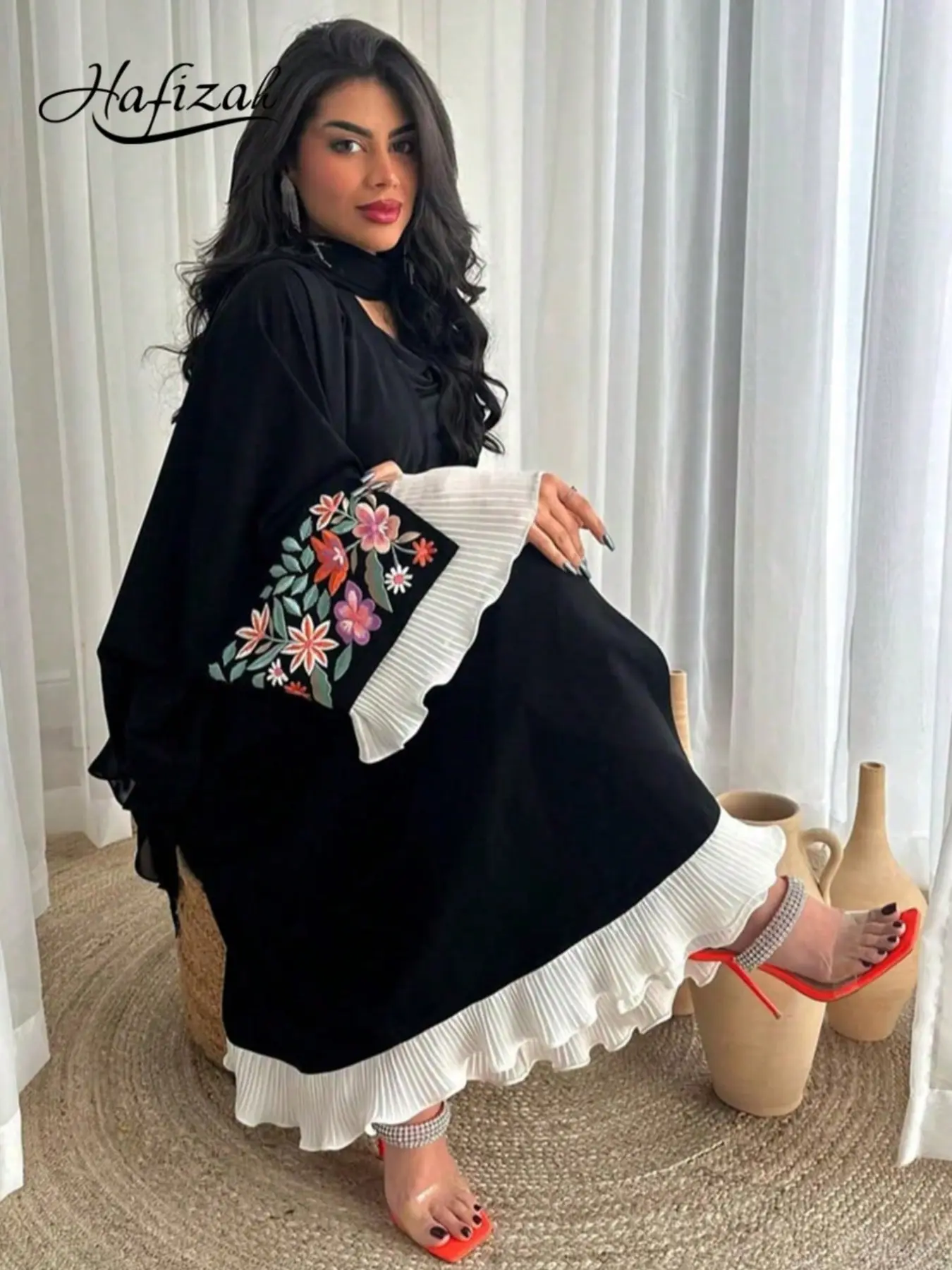 Hafizah Women's Summer New Fashion Embroidered Floral Long Dress, Loose-Fitting Pleated Patchwork Robe, All Seasons Outerwear, Bohemian Summer Holiday Womenswear