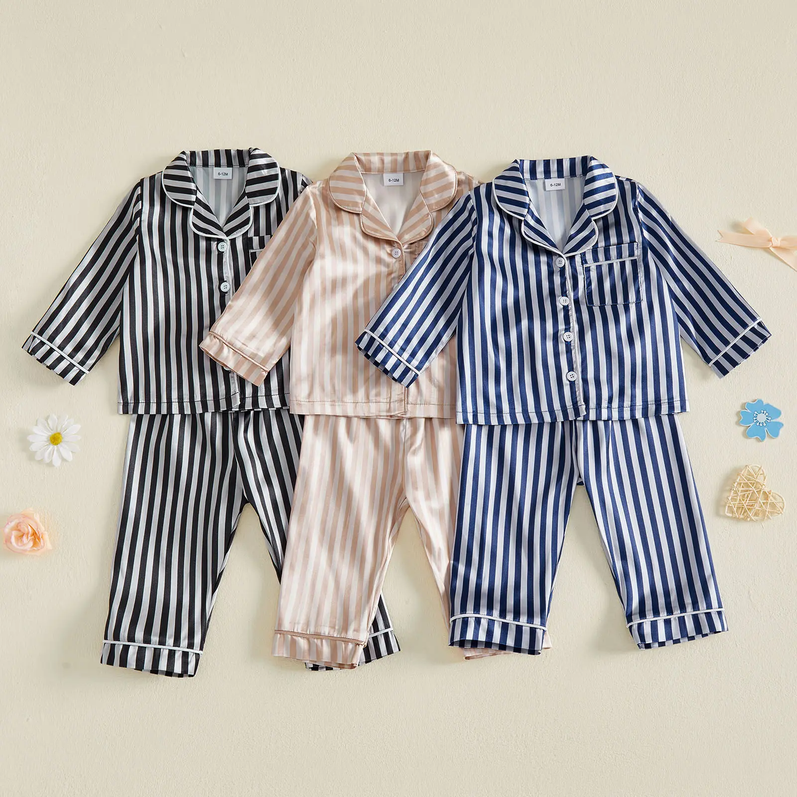 Toddler Boy's 2-Piece Stripe Satin Pajama Set, Lapel Button-Front Long Sleeve Top & Pants, Soft Silk Sleepwear for 6M-6Y