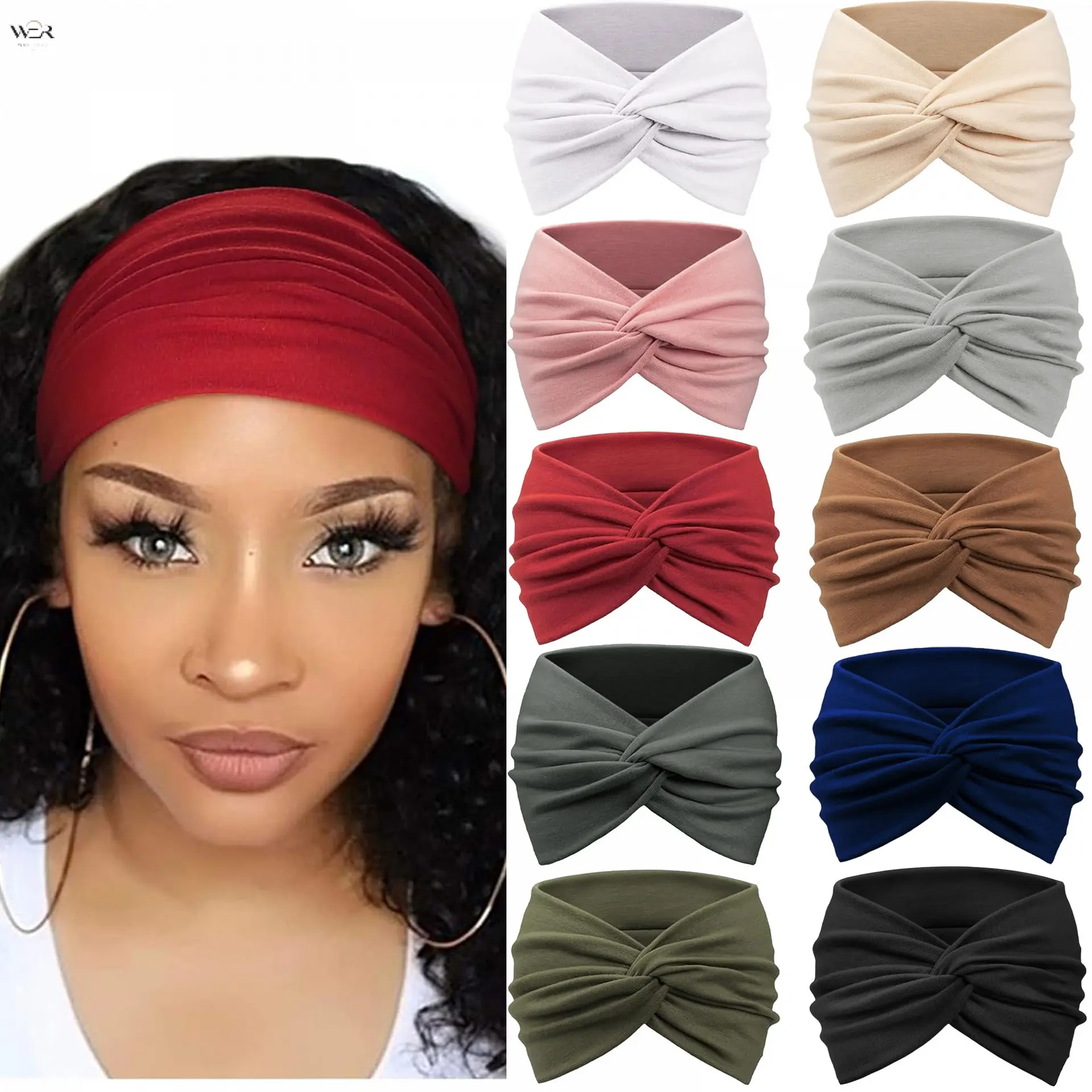 10 Colors Solid Knotted Turban Headband Soft Stretch Wide Twist Front Hair Wrap One Size Sports Yoga Running Skincare Washing Face Hair Accessory for Women Girls