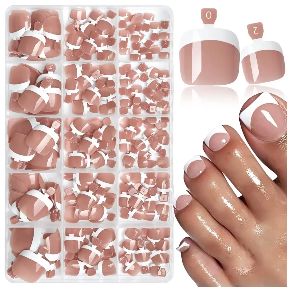 240pcs Square French Press-On Toe Nails, 15 Sizes, Full Coverage Removable False Nails, DIY, Nails Art & Daily Wear for Women