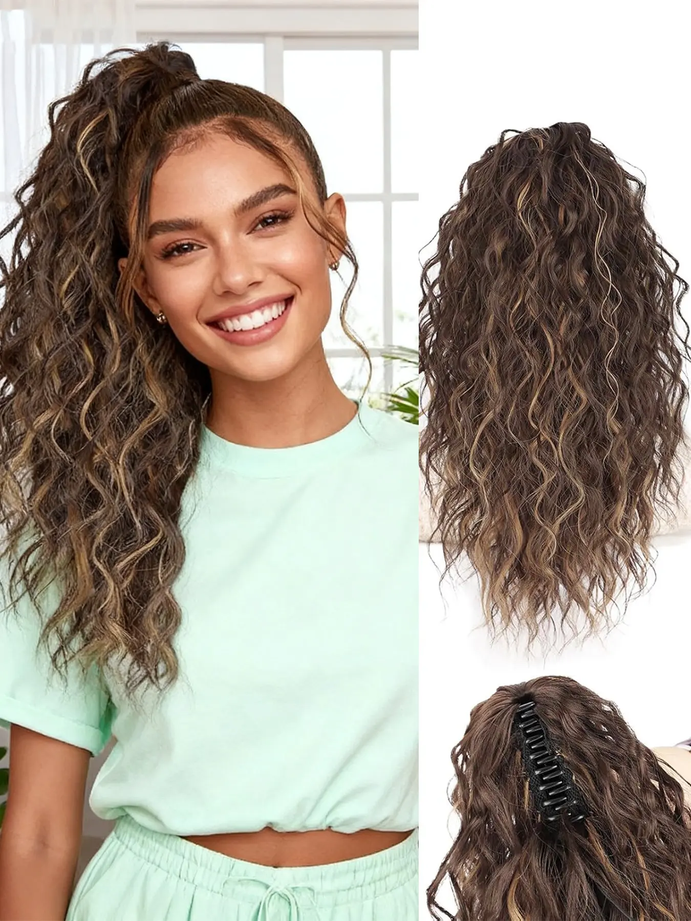 Ponytail Extension - 18 Inch Long Curly Pony Tails Hair Extensions, Claw Clip Ponytail Extension, Soft Synthetic Hair Pieces for Women