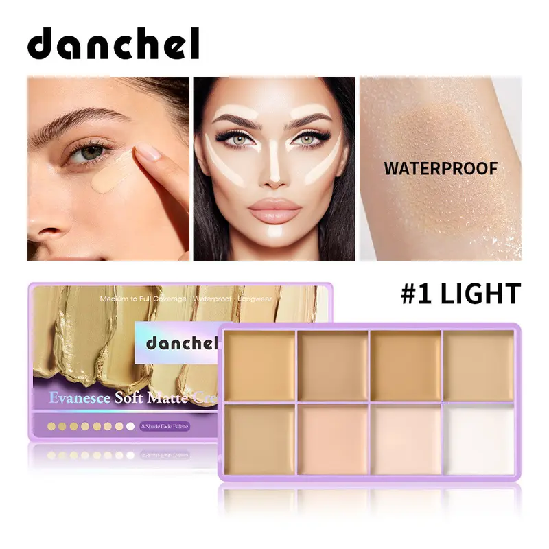 Danchel 8-Shade Cream Makeup Palette, Matte Long-Lasting Waterproof Concealer & Contour Duo, High Coverage Moisturizing Blendable Formula, Full-Face Highlight & Sculpting Palette for All Skin Tones